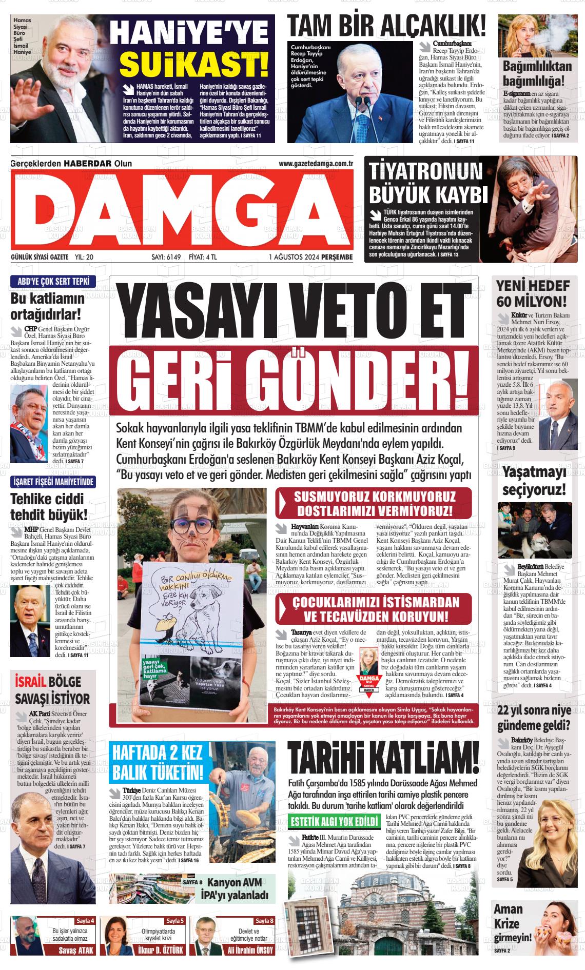 01 Ağustos 2024 Gazete Damga Gazete Manşeti