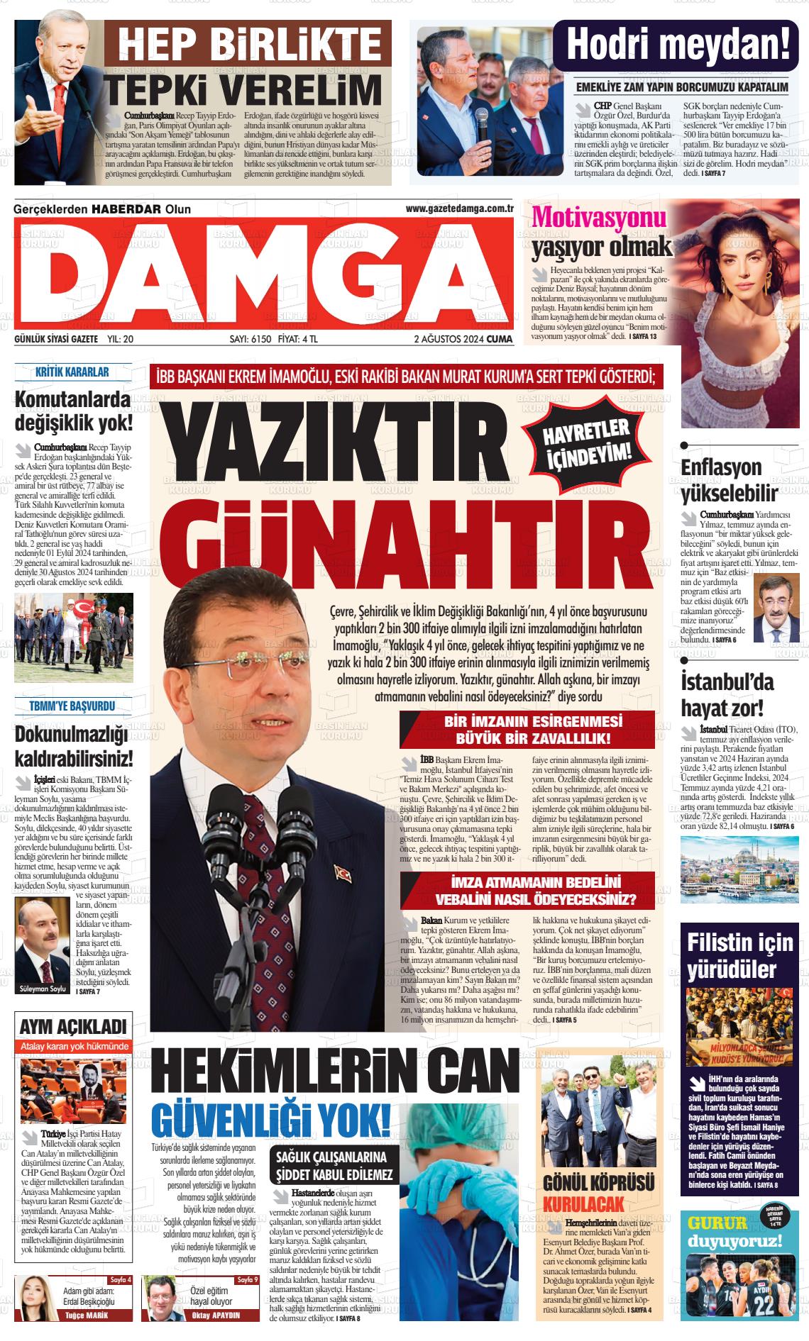 02 Ağustos 2024 Gazete Damga Gazete Manşeti