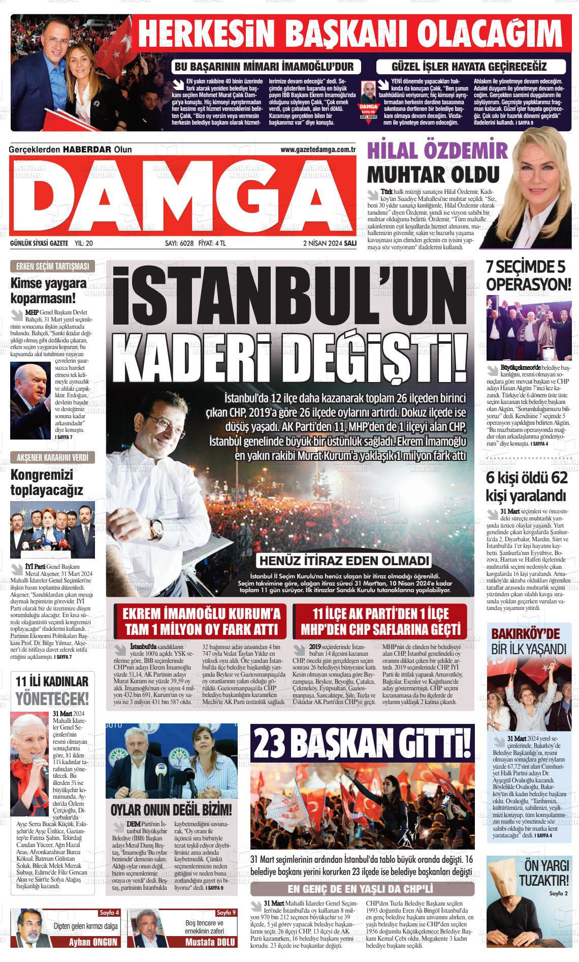 02 Nisan 2024 Gazete Damga Gazete Manşeti