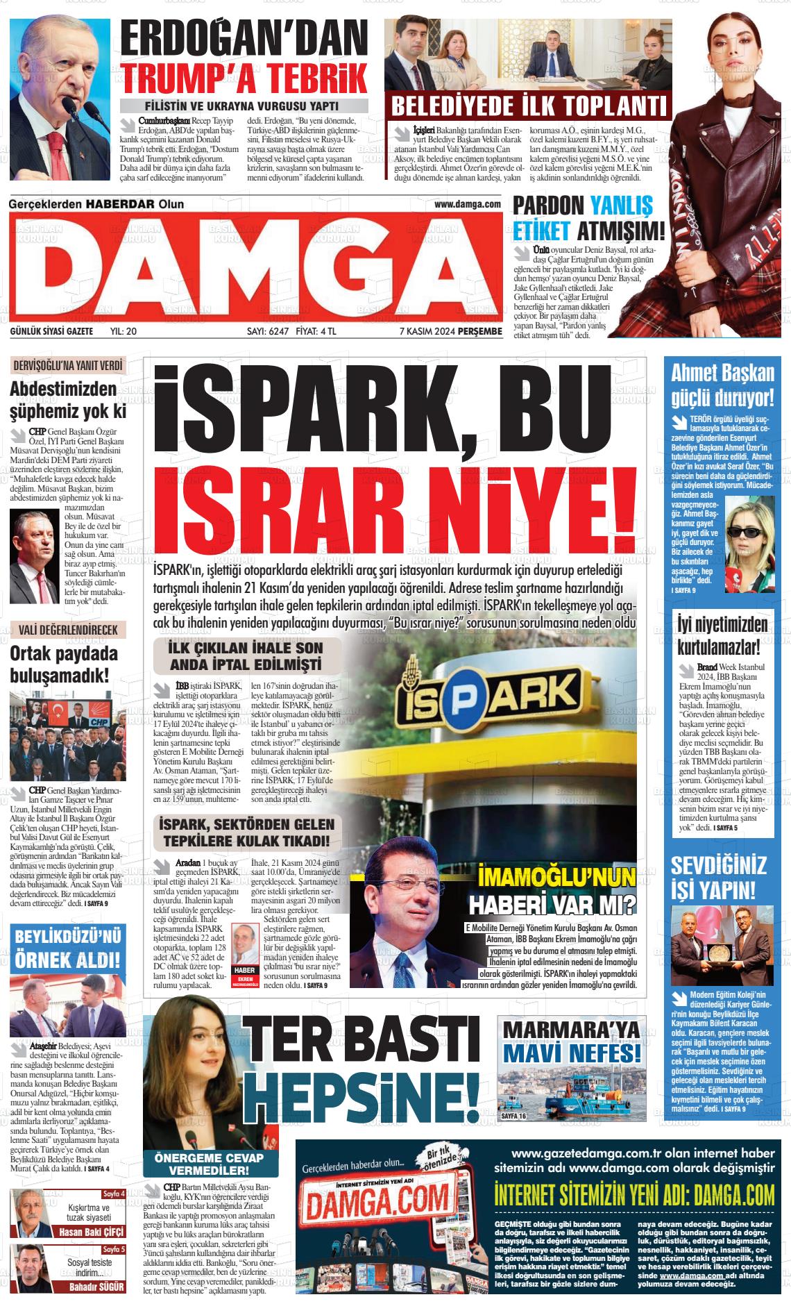 07 Kasım 2024 Gazete Damga Gazete Manşeti