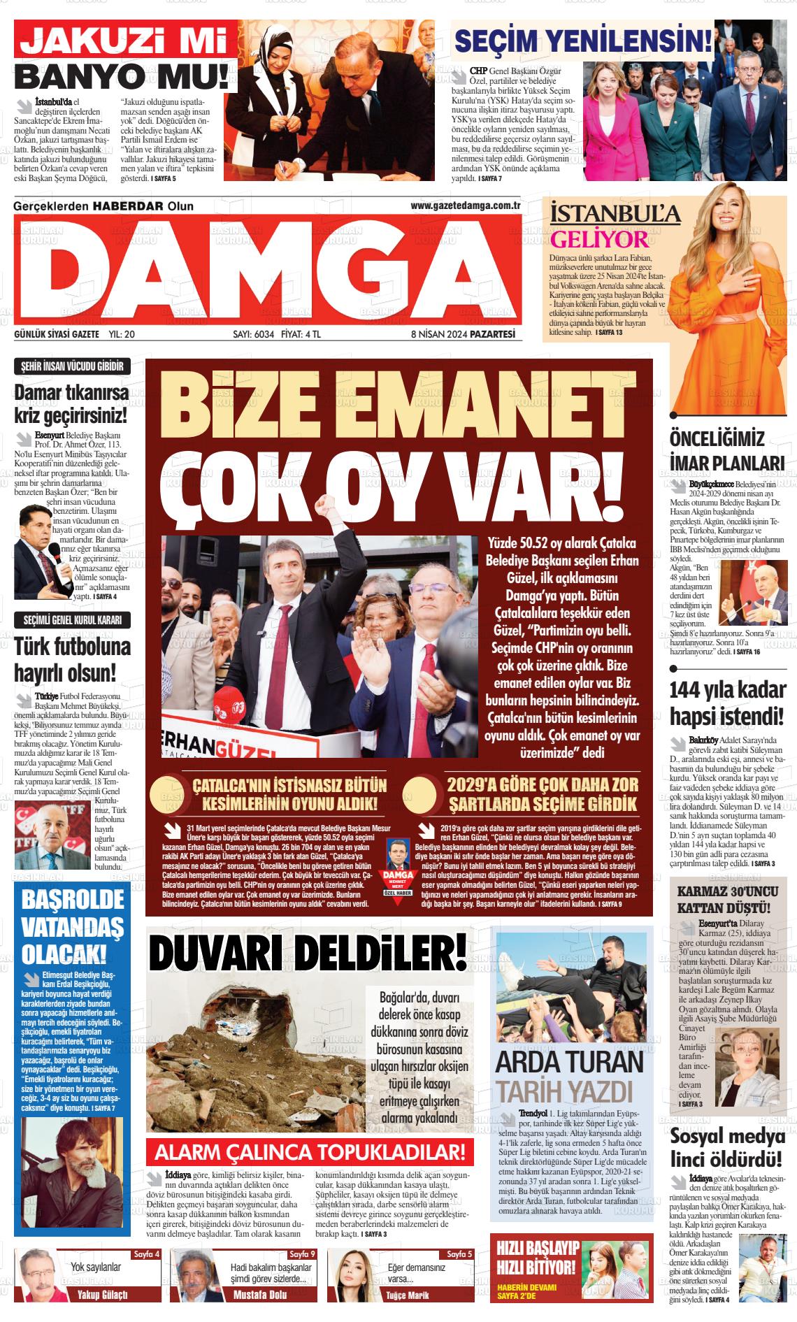 08 Nisan 2024 Gazete Damga Gazete Manşeti