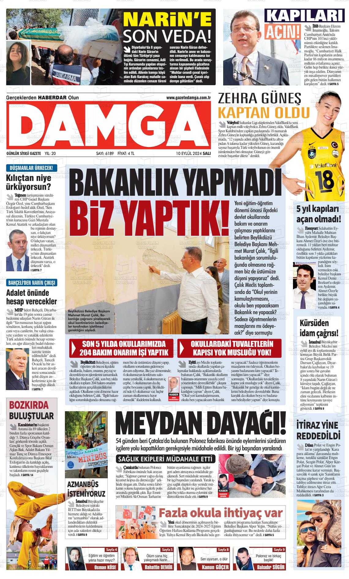 10 Eylül 2024 Gazete Damga Gazete Manşeti