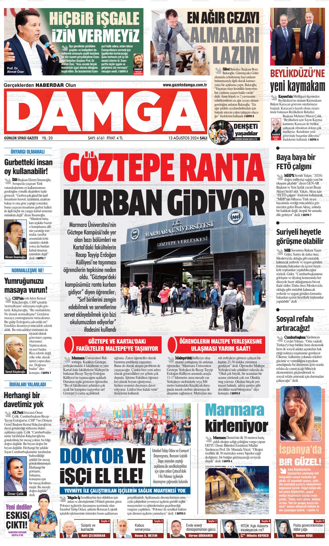 13 Ağustos 2024 Gazete Damga Gazete Manşeti