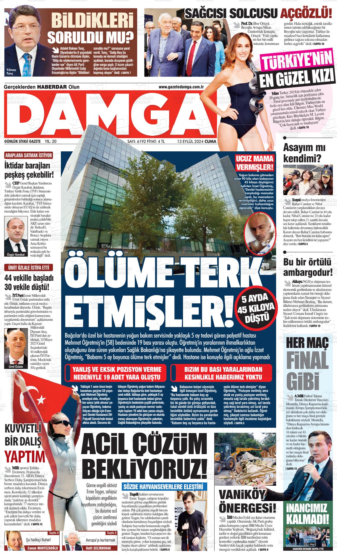 13 Eylül 2024 Gazete Damga Gazete Manşeti