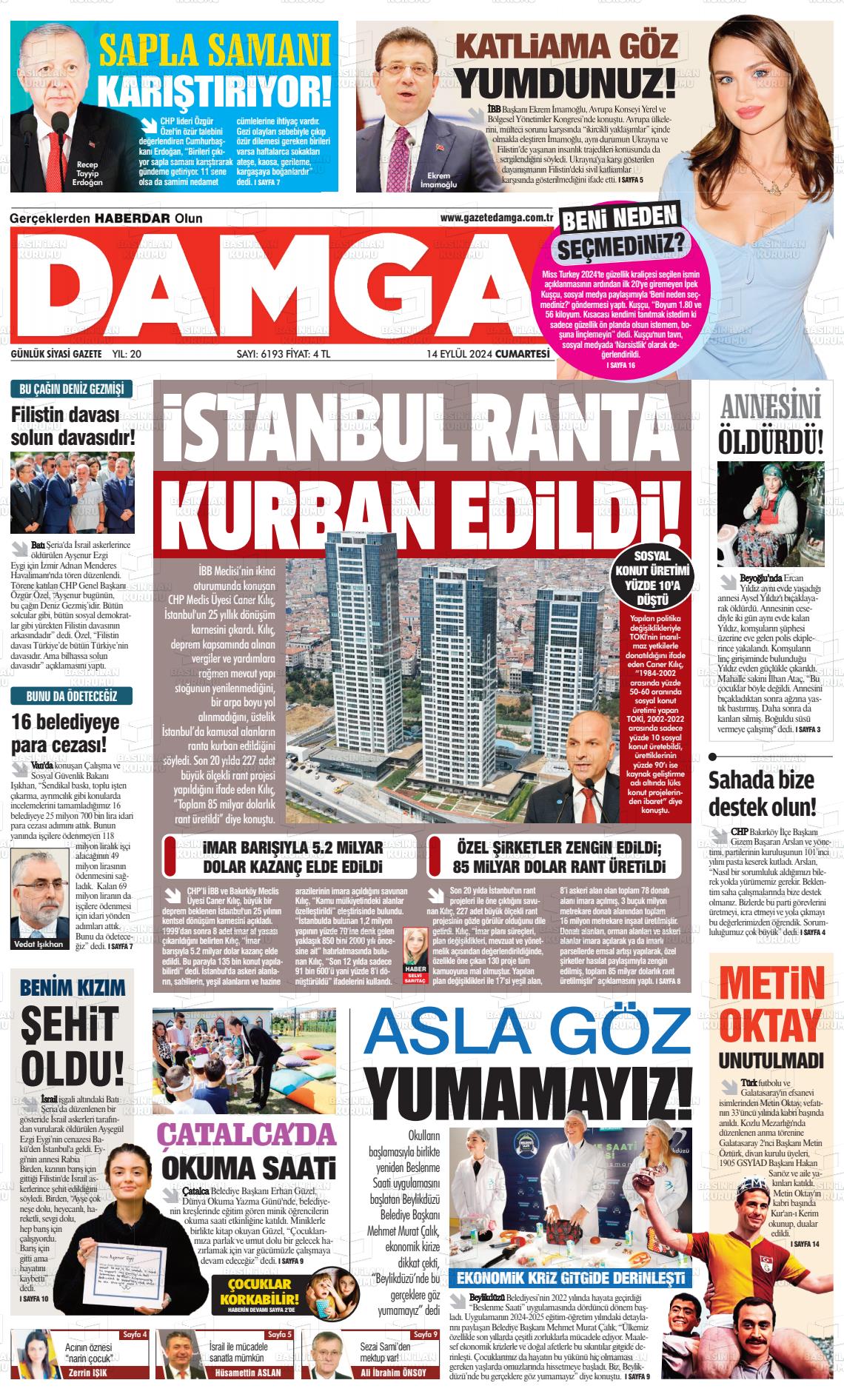 14 Eylül 2024 Gazete Damga Gazete Manşeti