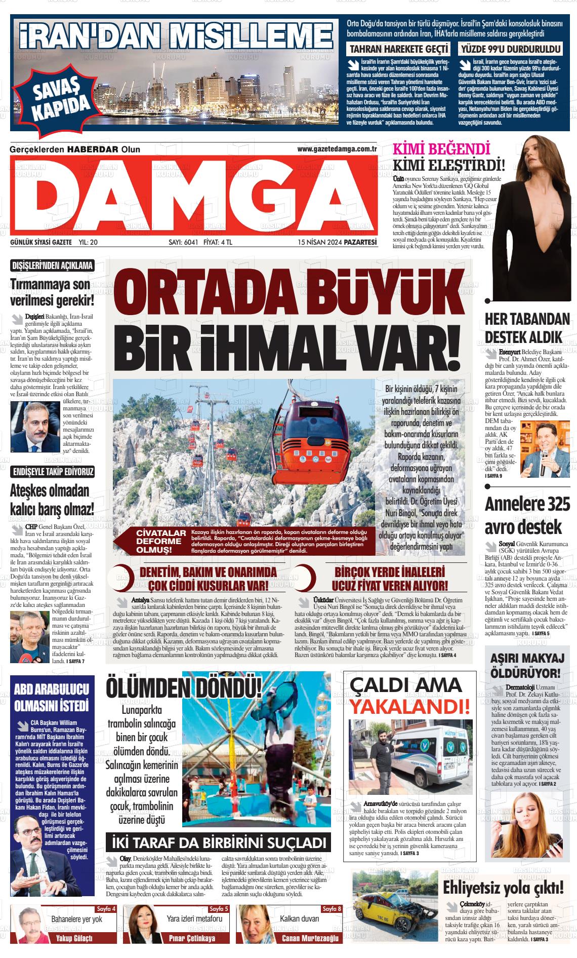 15 Nisan 2024 Gazete Damga Gazete Manşeti