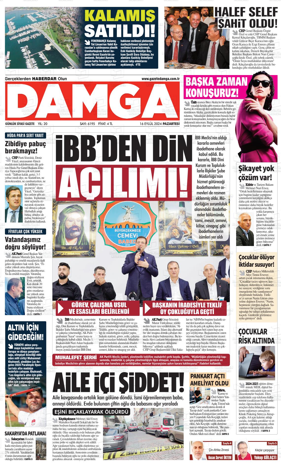 16 Eylül 2024 Gazete Damga Gazete Manşeti