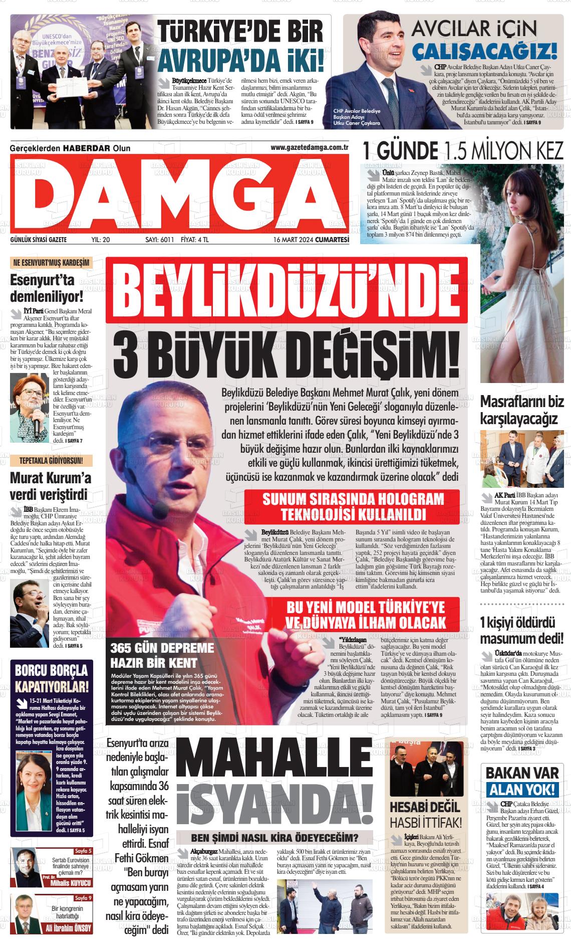 16 Mart 2024 Gazete Damga Gazete Manşeti