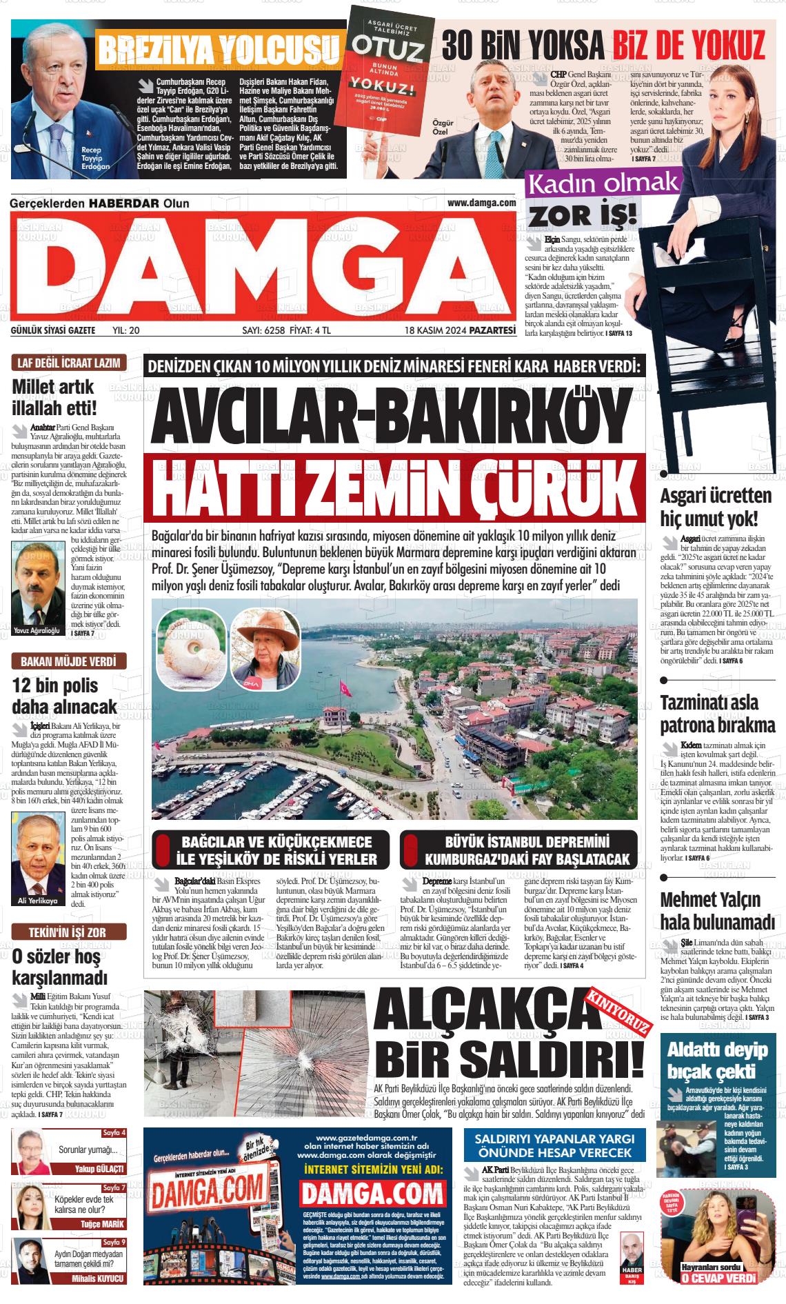 18 Kasım 2024 Gazete Damga Gazete Manşeti