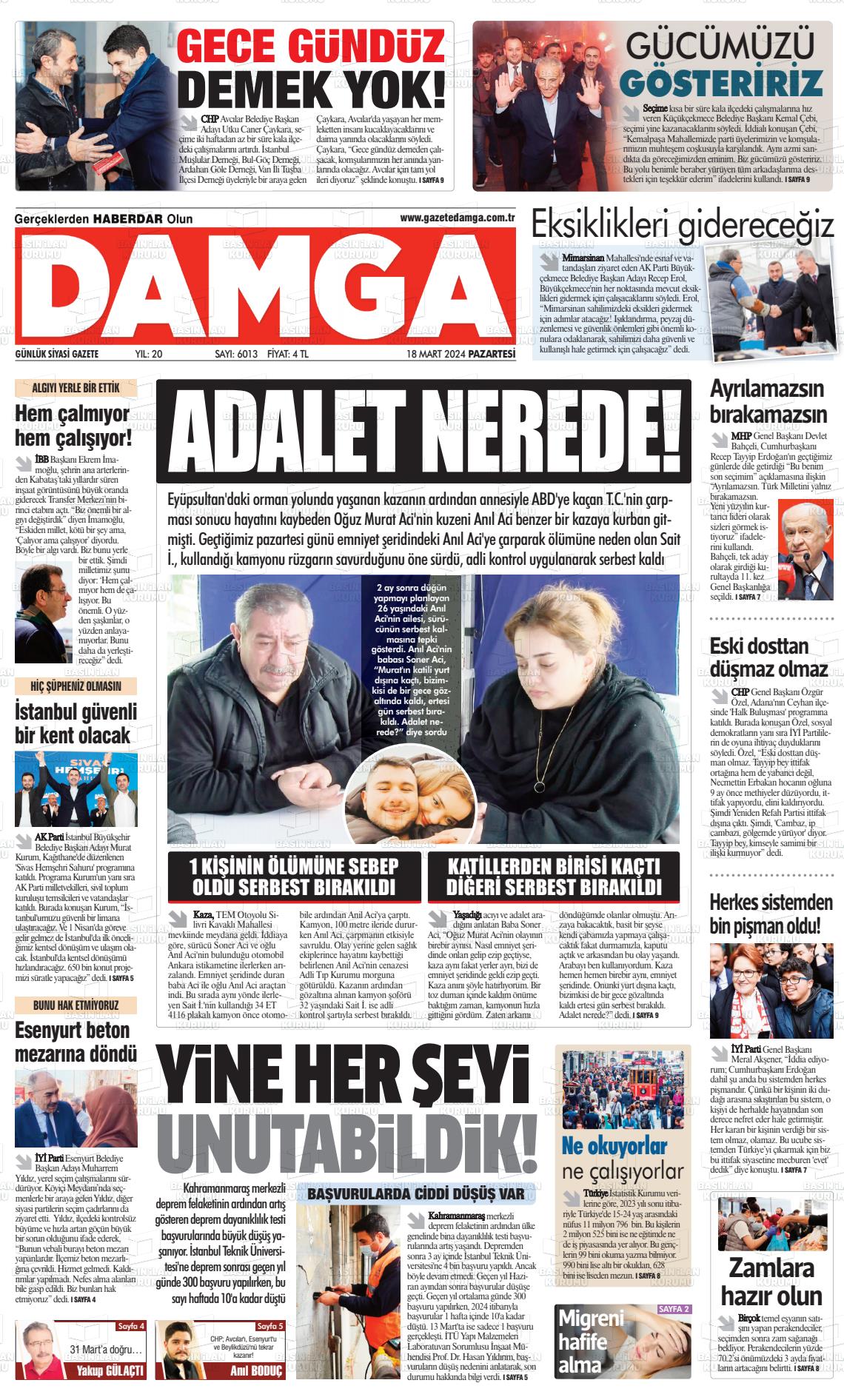 18 Mart 2024 Gazete Damga Gazete Manşeti