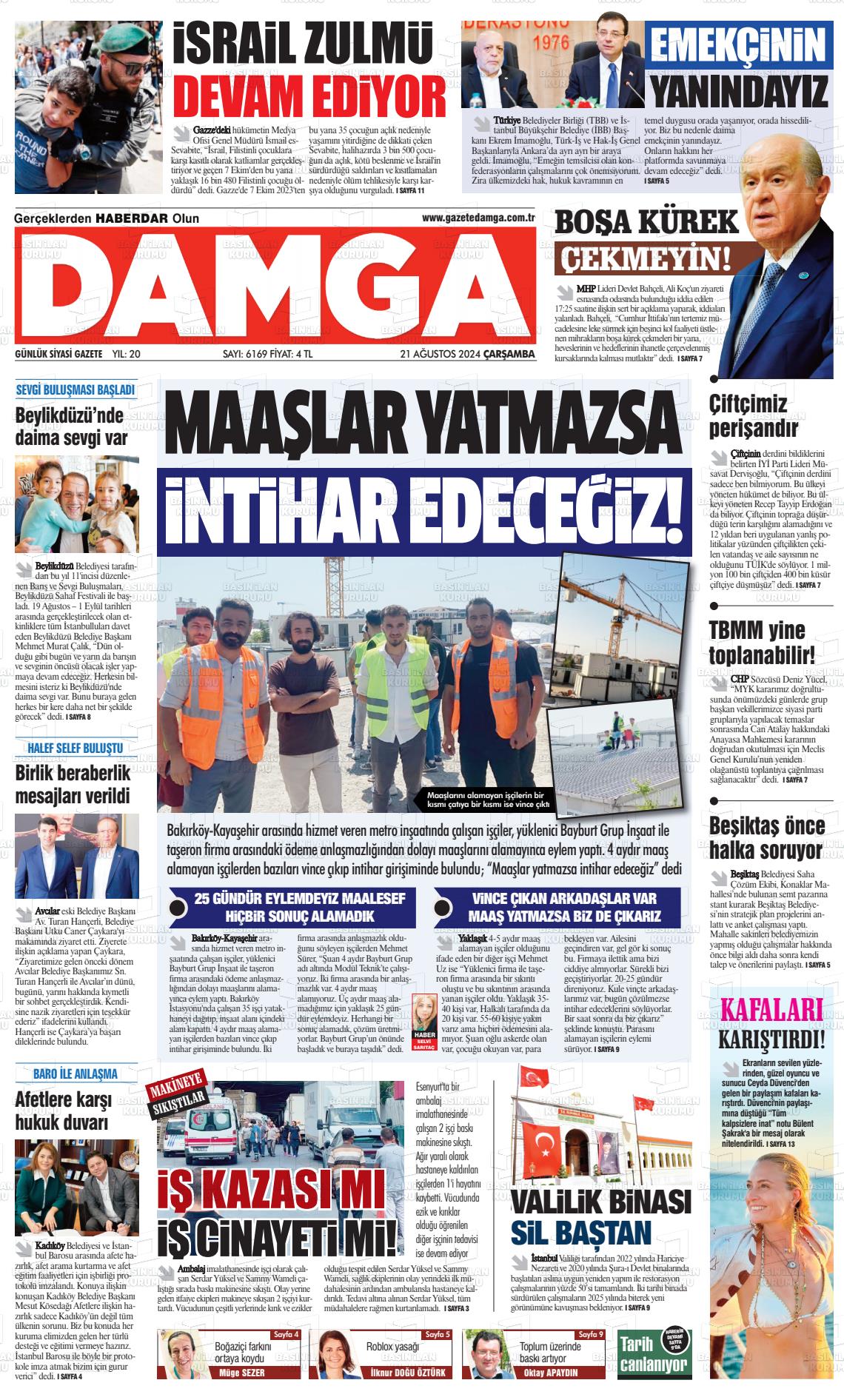 21 Ağustos 2024 Gazete Damga Gazete Manşeti