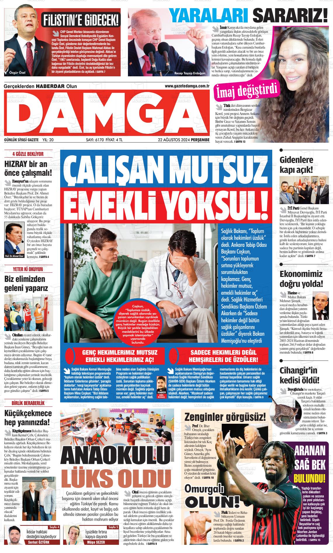 22 Ağustos 2024 Gazete Damga Gazete Manşeti