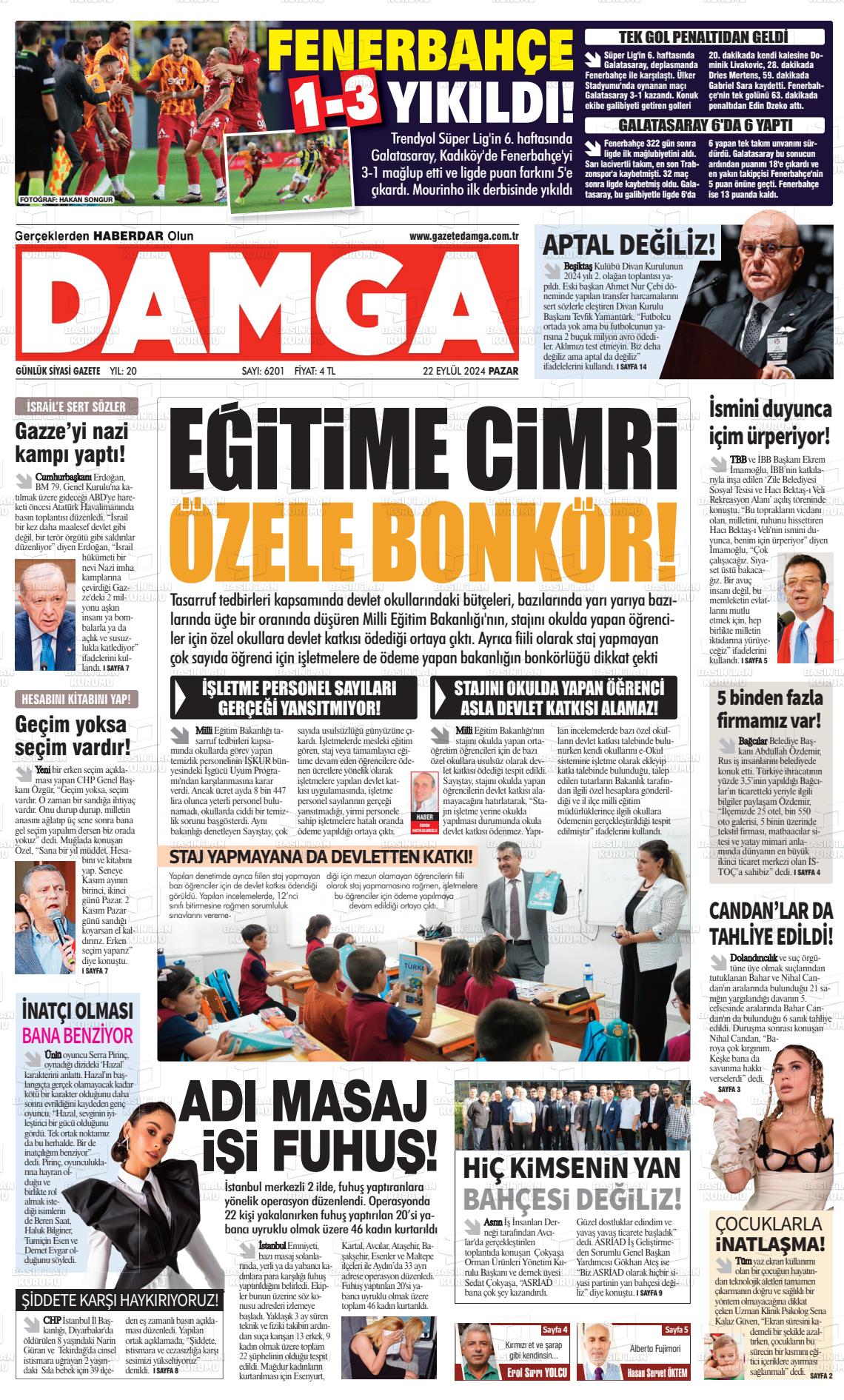 22 Eylül 2024 Gazete Damga Gazete Manşeti