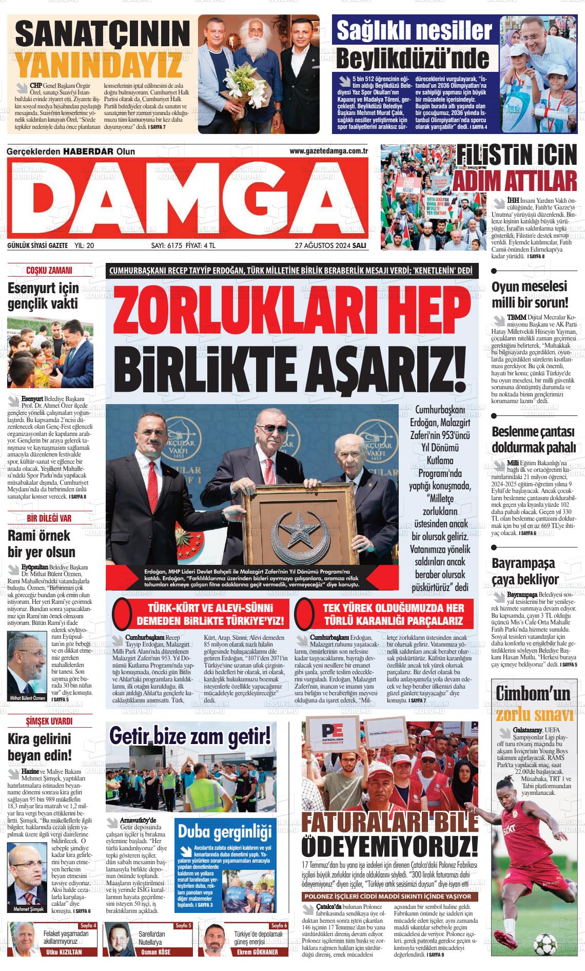 27 Ağustos 2024 Gazete Damga Gazete Manşeti