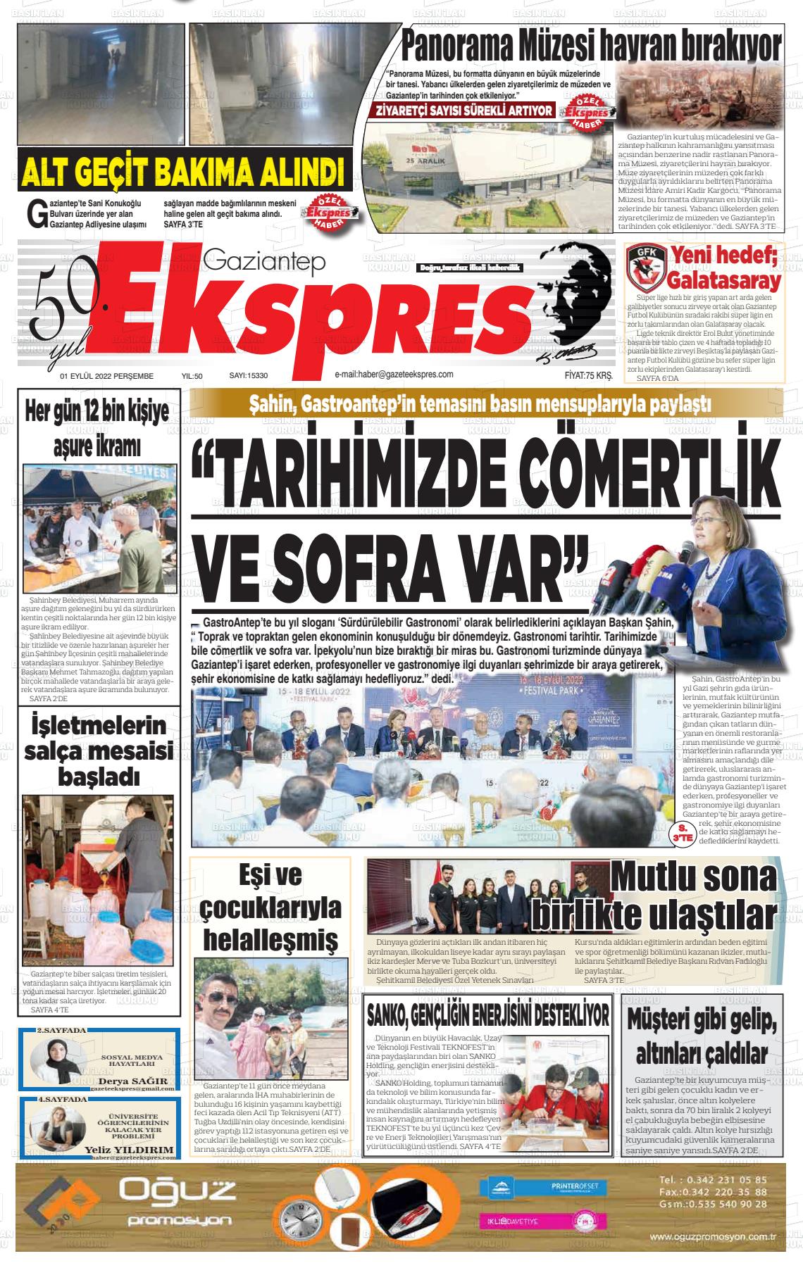 01 Eylül 2022 Gaziantep Ekspres Gazete Manşeti