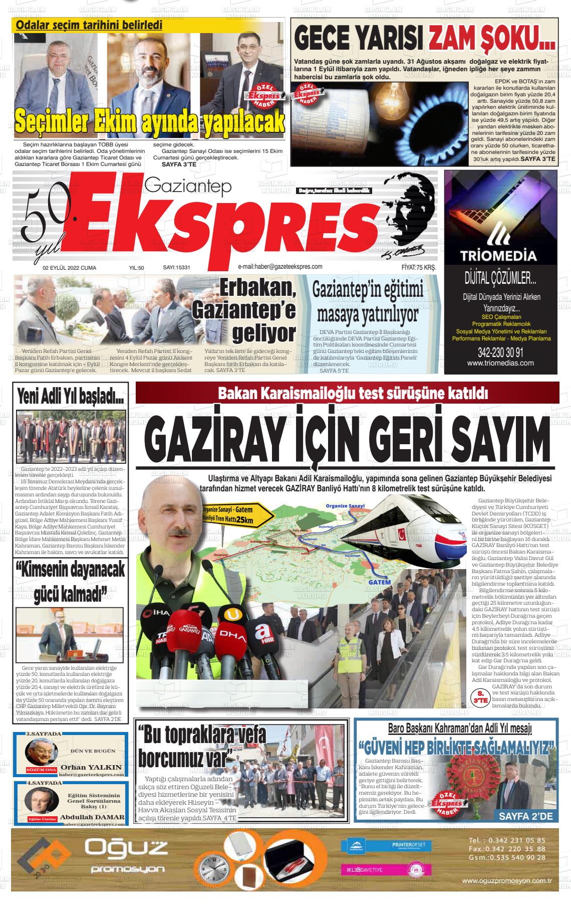 02 Eylül 2022 Gaziantep Ekspres Gazete Manşeti