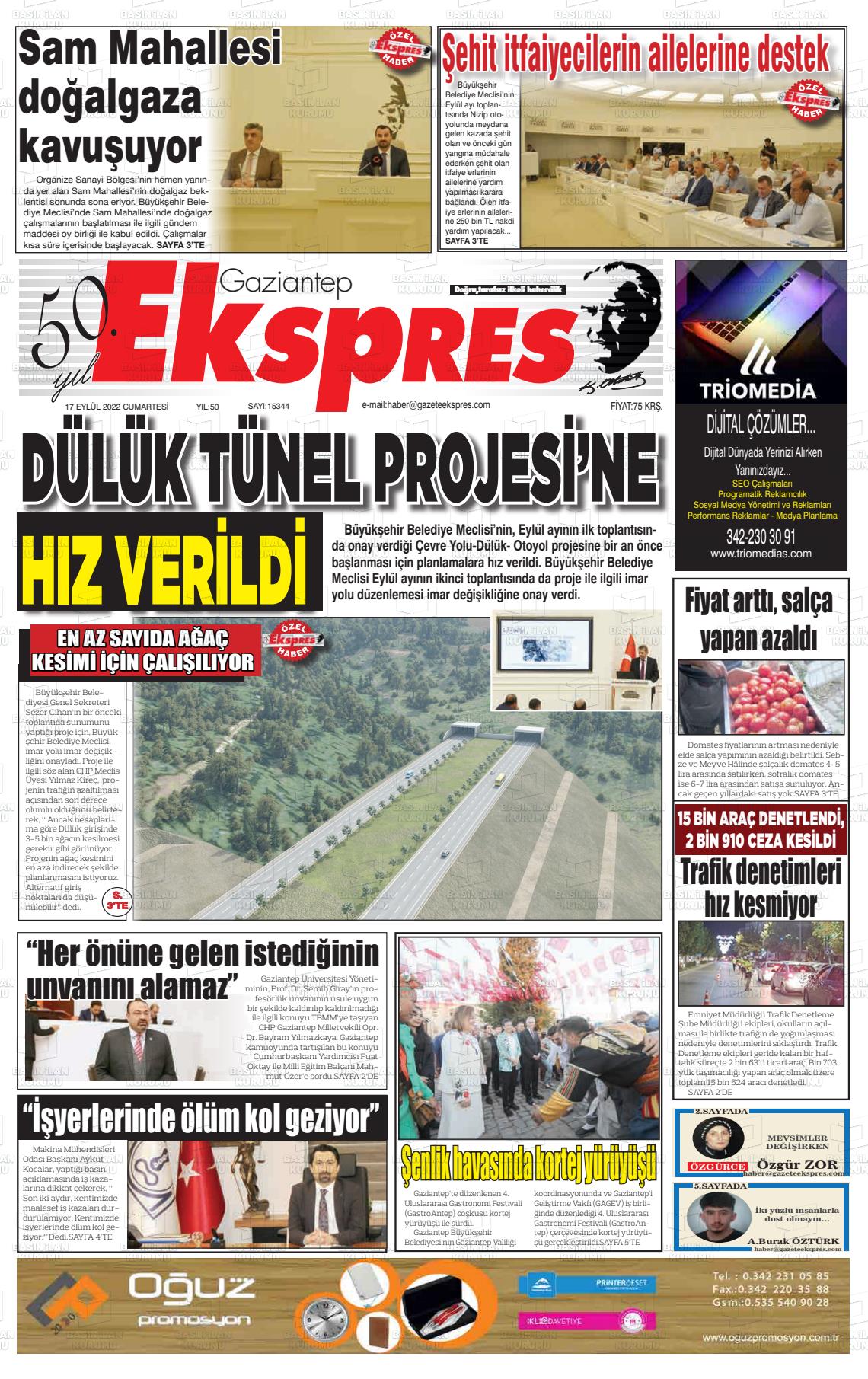 17 Eylül 2022 Gaziantep Ekspres Gazete Manşeti