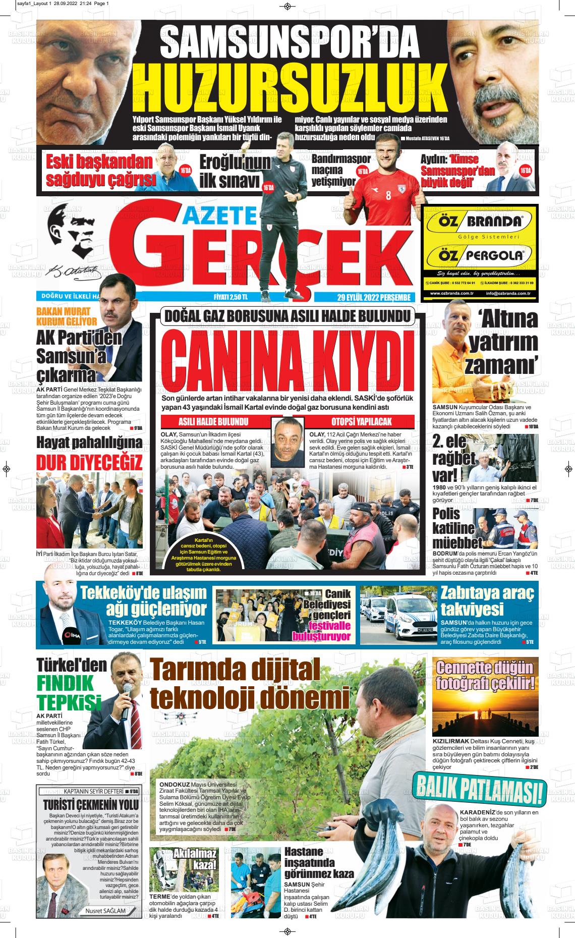 29 Eylül 2022 Gazete Gerçek Gazete Manşeti