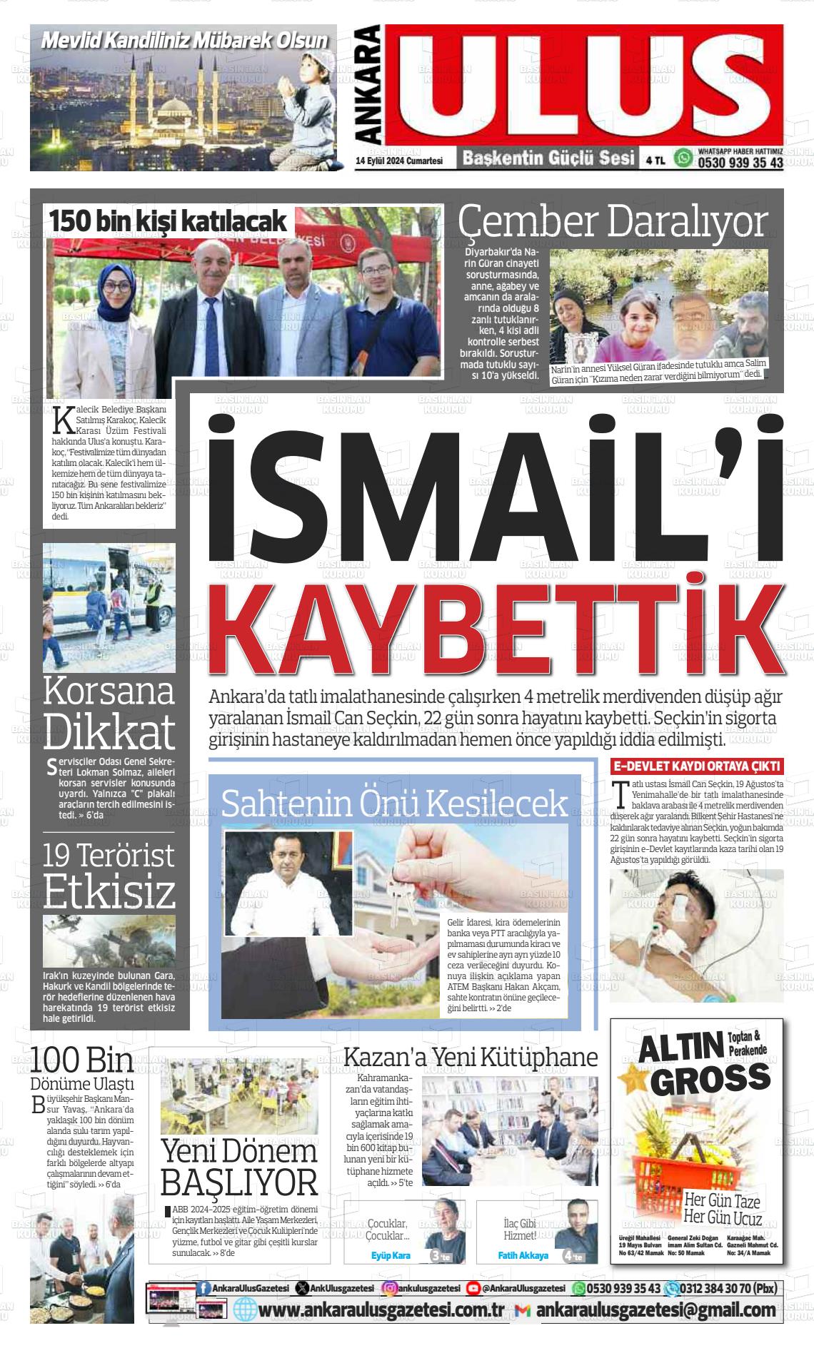 14 Eylül 2024 Gazete İlksayfa Gazete Manşeti