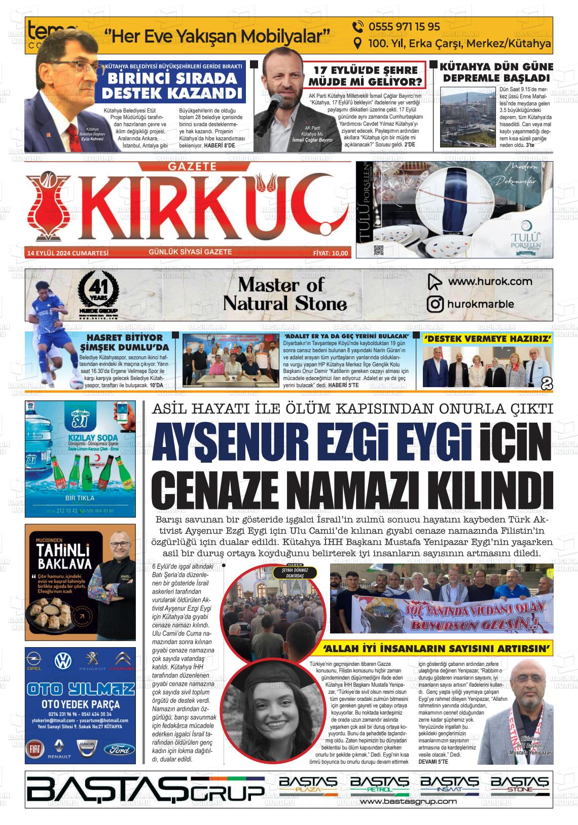 14 Eylül 2024 Gazete Kırküç Gazete Manşeti