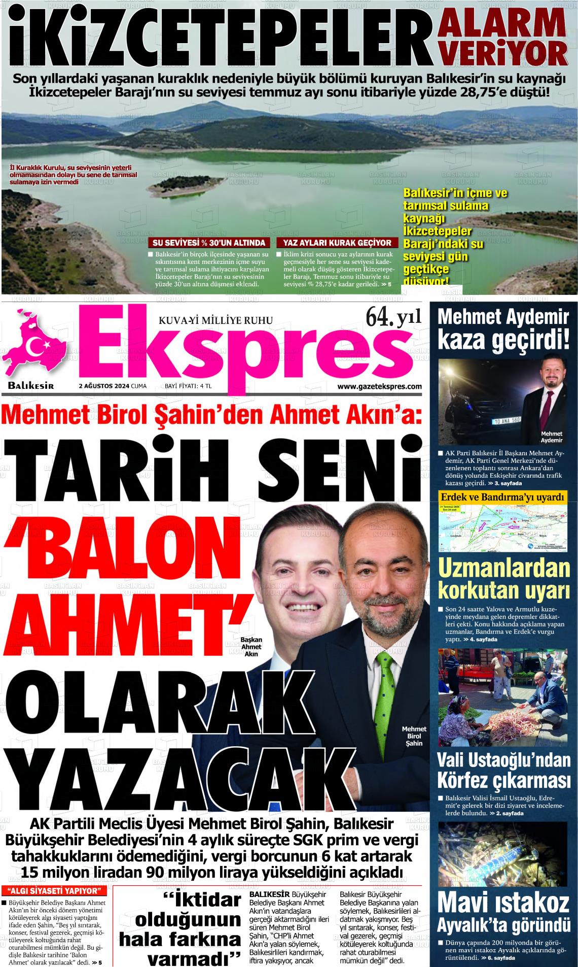 02 Ağustos 2024 Balikesir Ekspres Gazete Manşeti