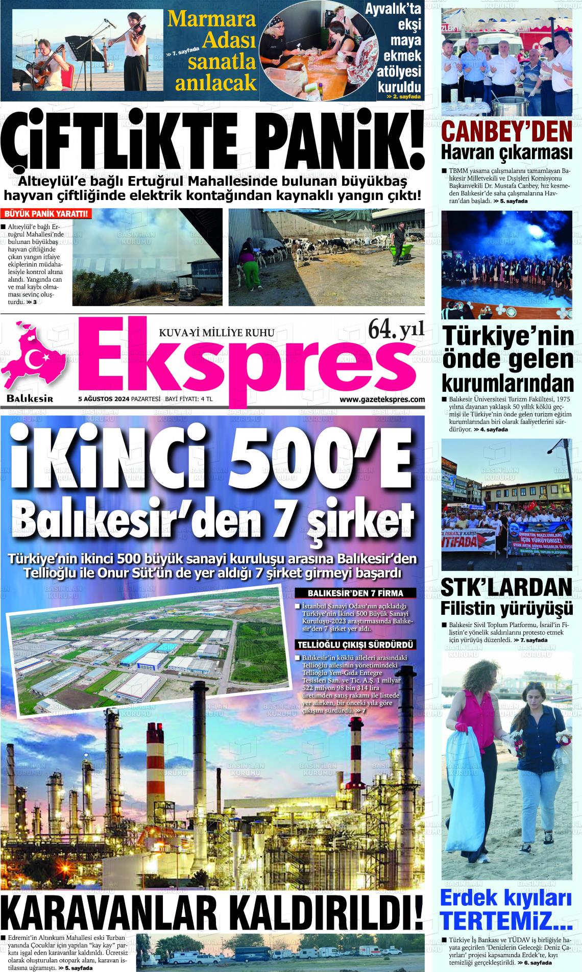 05 Ağustos 2024 Balikesir Ekspres Gazete Manşeti