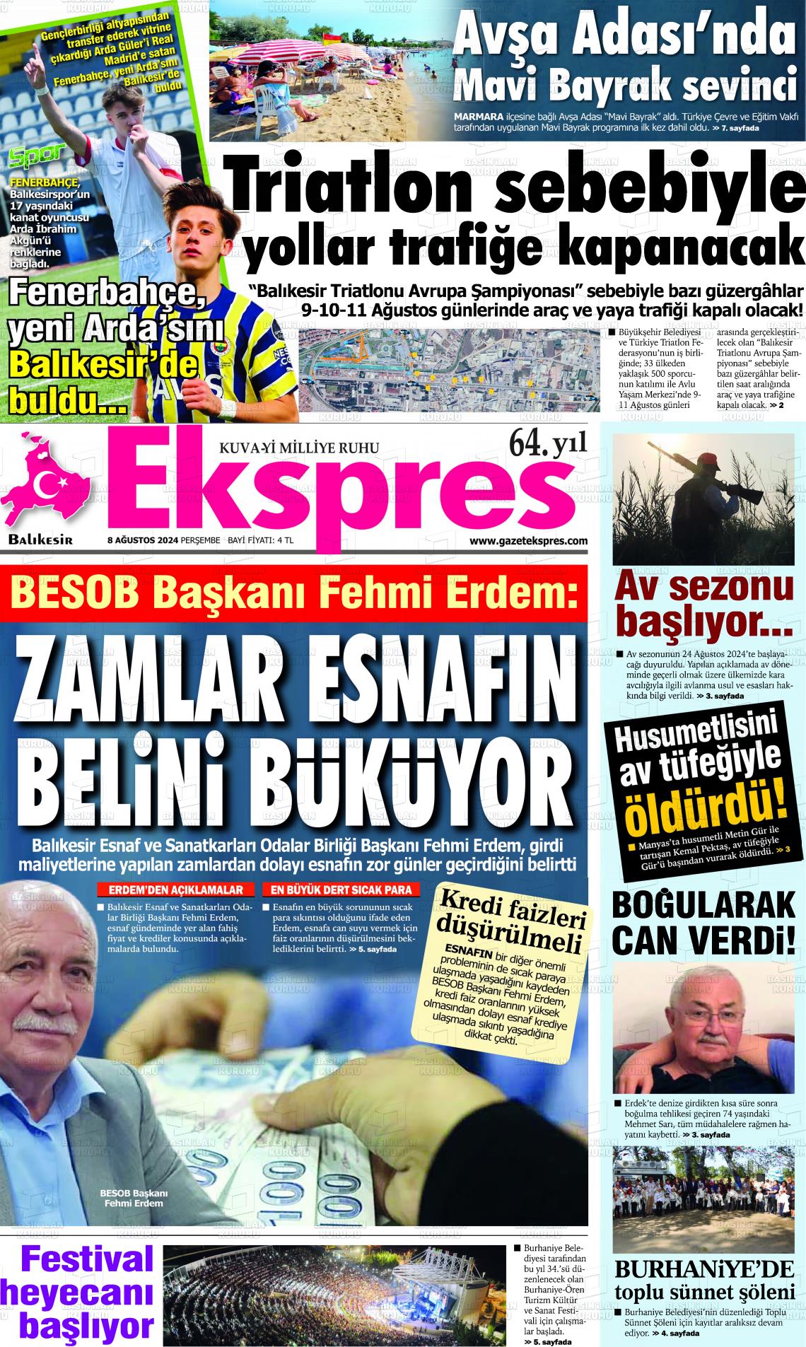 08 Ağustos 2024 Balikesir Ekspres Gazete Manşeti