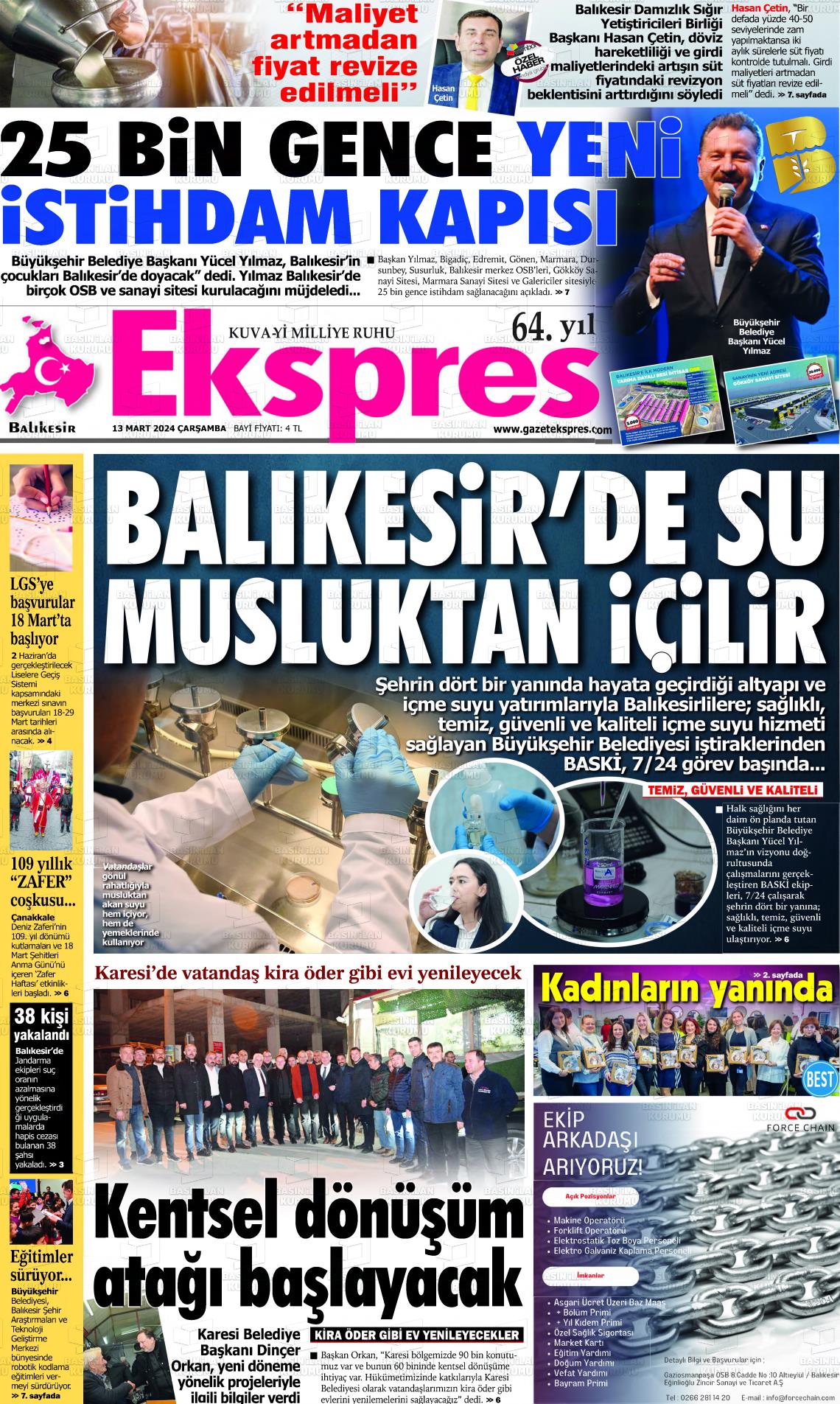 13 Mart 2024 Balikesir Ekspres Gazete Manşeti