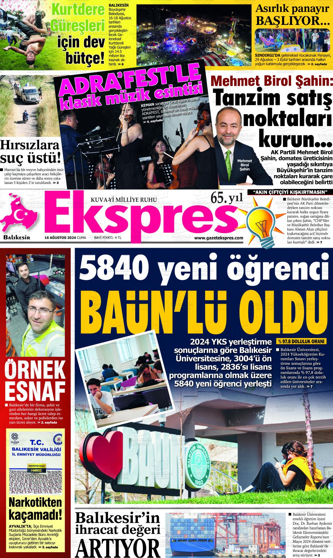 16 Ağustos 2024 Balikesir Ekspres Gazete Manşeti