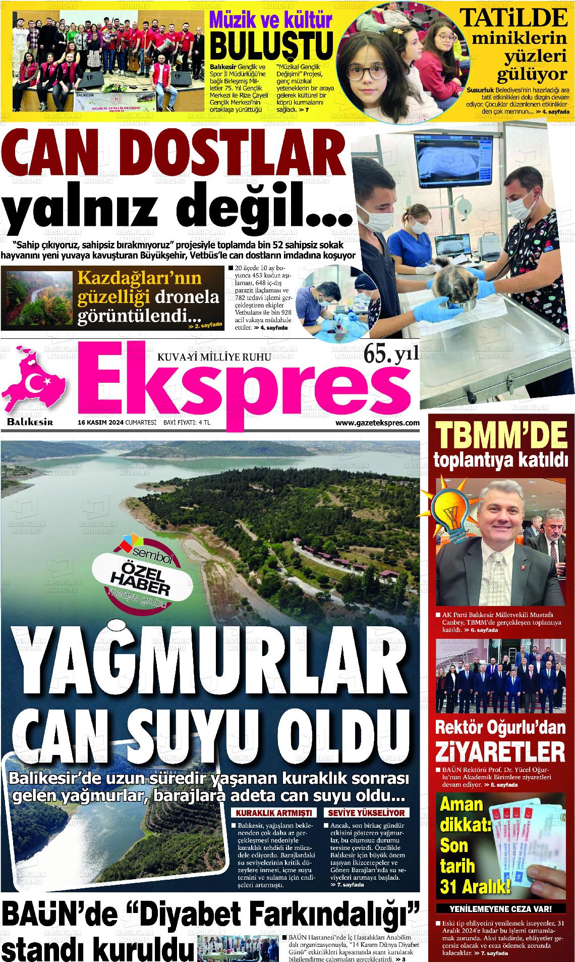 16 Kasım 2024 Balikesir Ekspres Gazete Manşeti