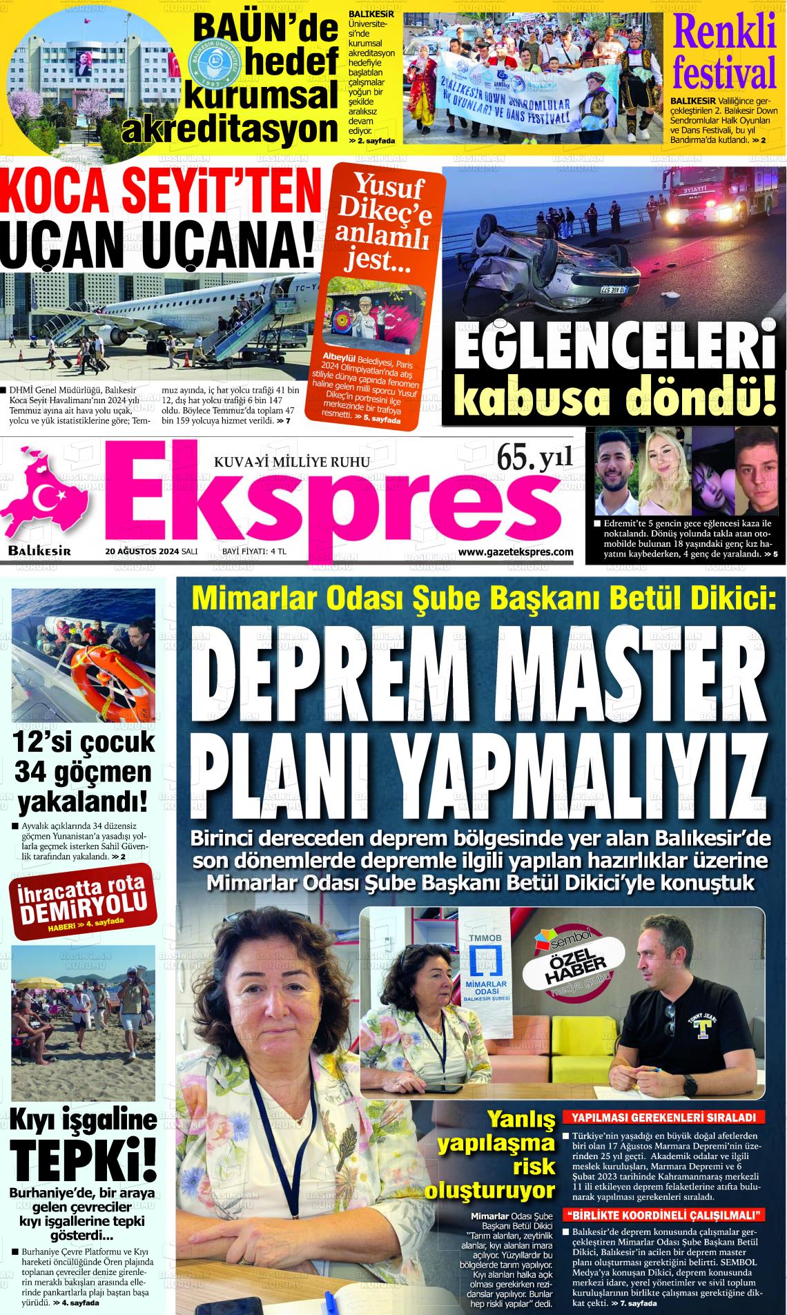 20 Ağustos 2024 Balikesir Ekspres Gazete Manşeti