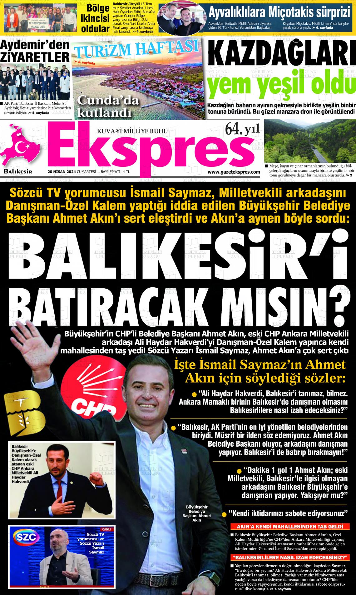 20 Nisan 2024 Balikesir Ekspres Gazete Manşeti