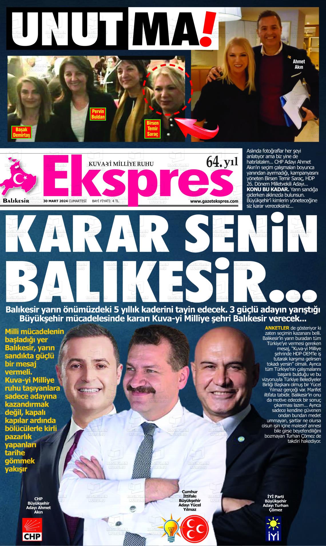 30 Mart 2024 Balikesir Ekspres Gazete Manşeti