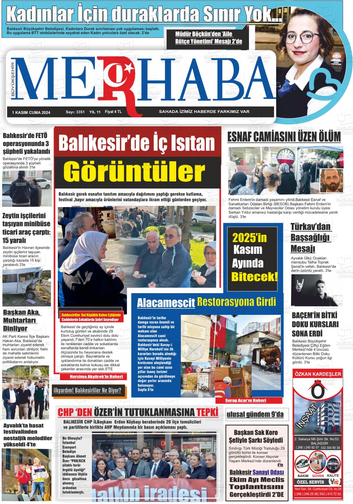 01 Kasım 2024 Büyükşehir Merhaba GAzetesi Gazete Manşeti