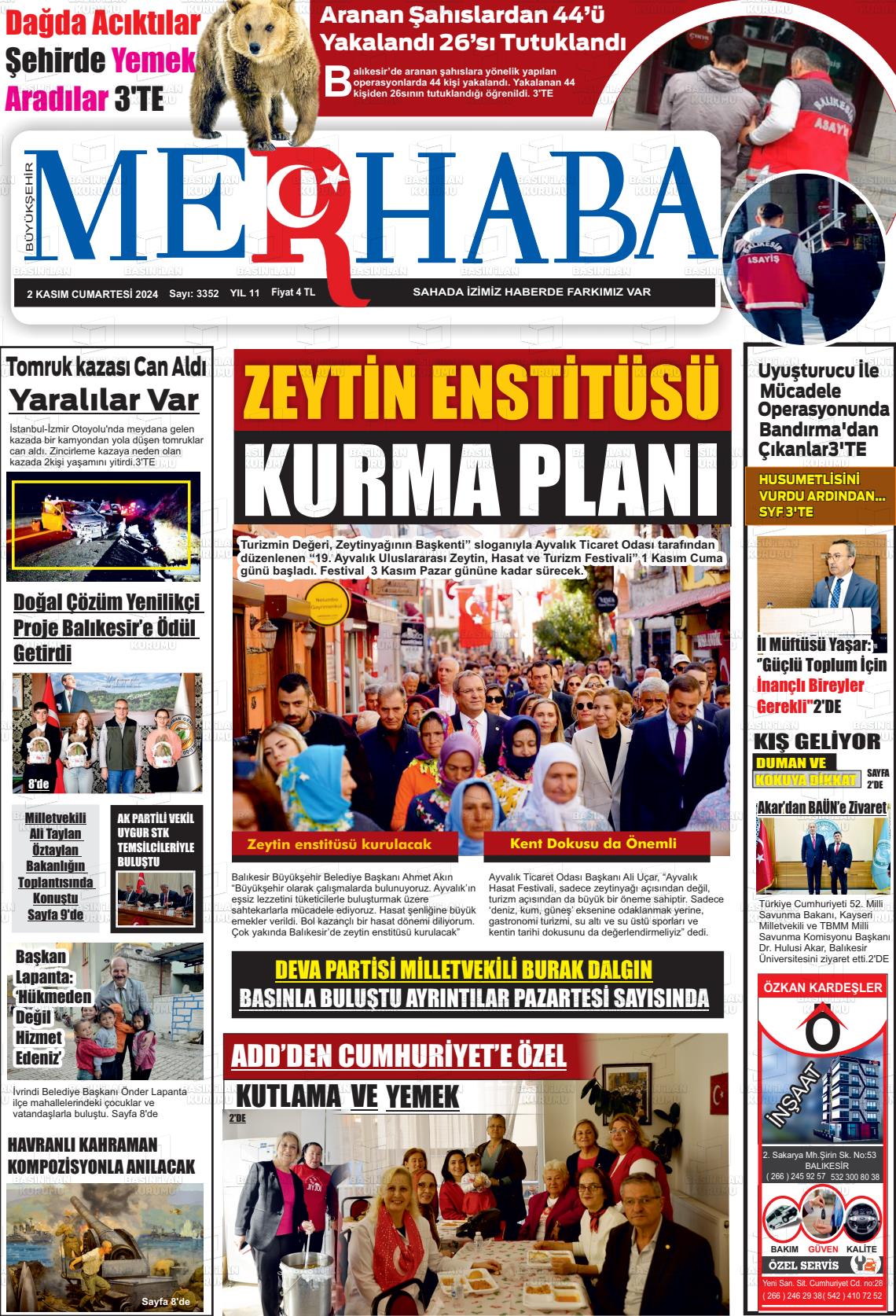 02 Kasım 2024 Büyükşehir Merhaba GAzetesi Gazete Manşeti