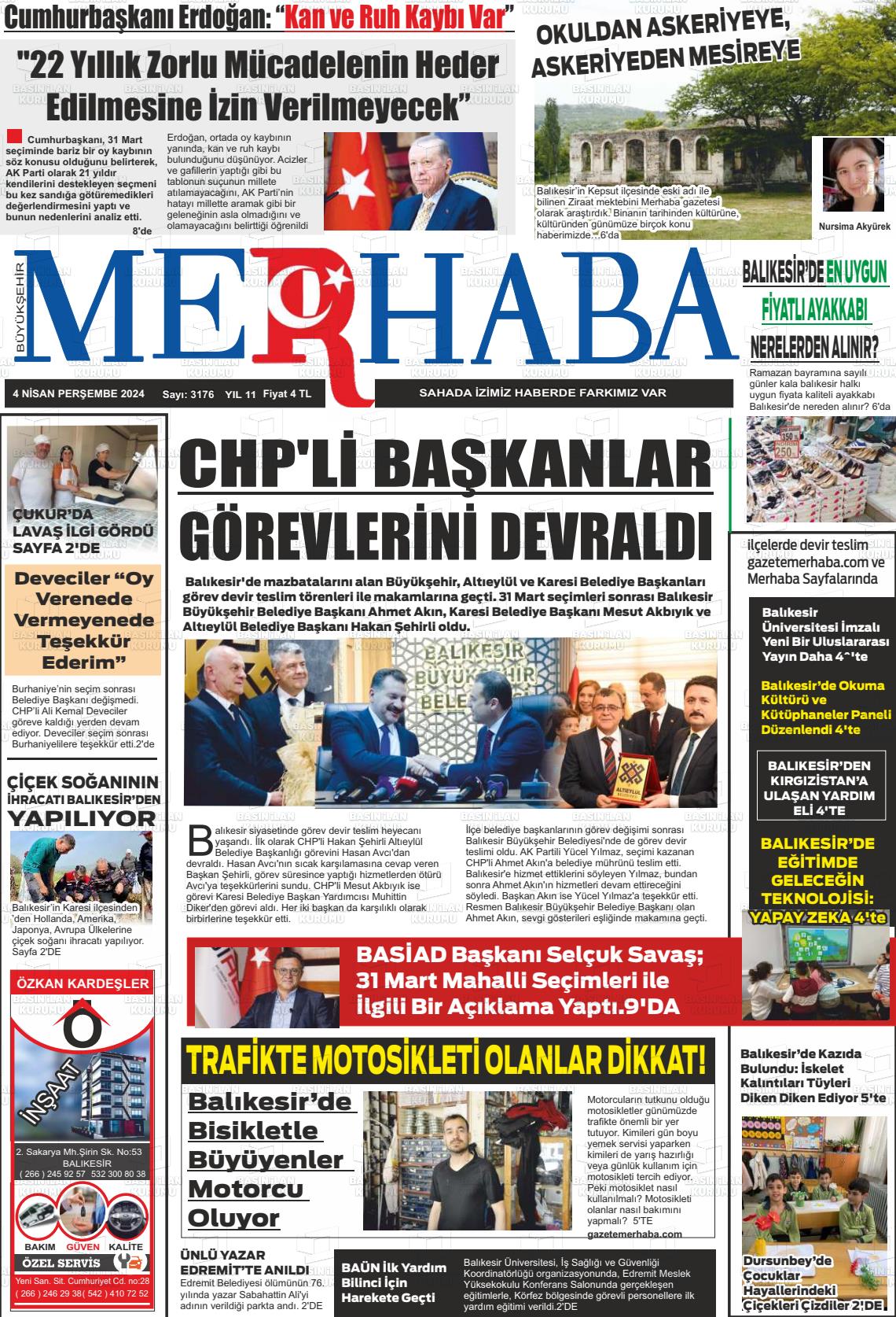 04 Nisan 2024 Büyükşehir Merhaba GAzetesi Gazete Manşeti