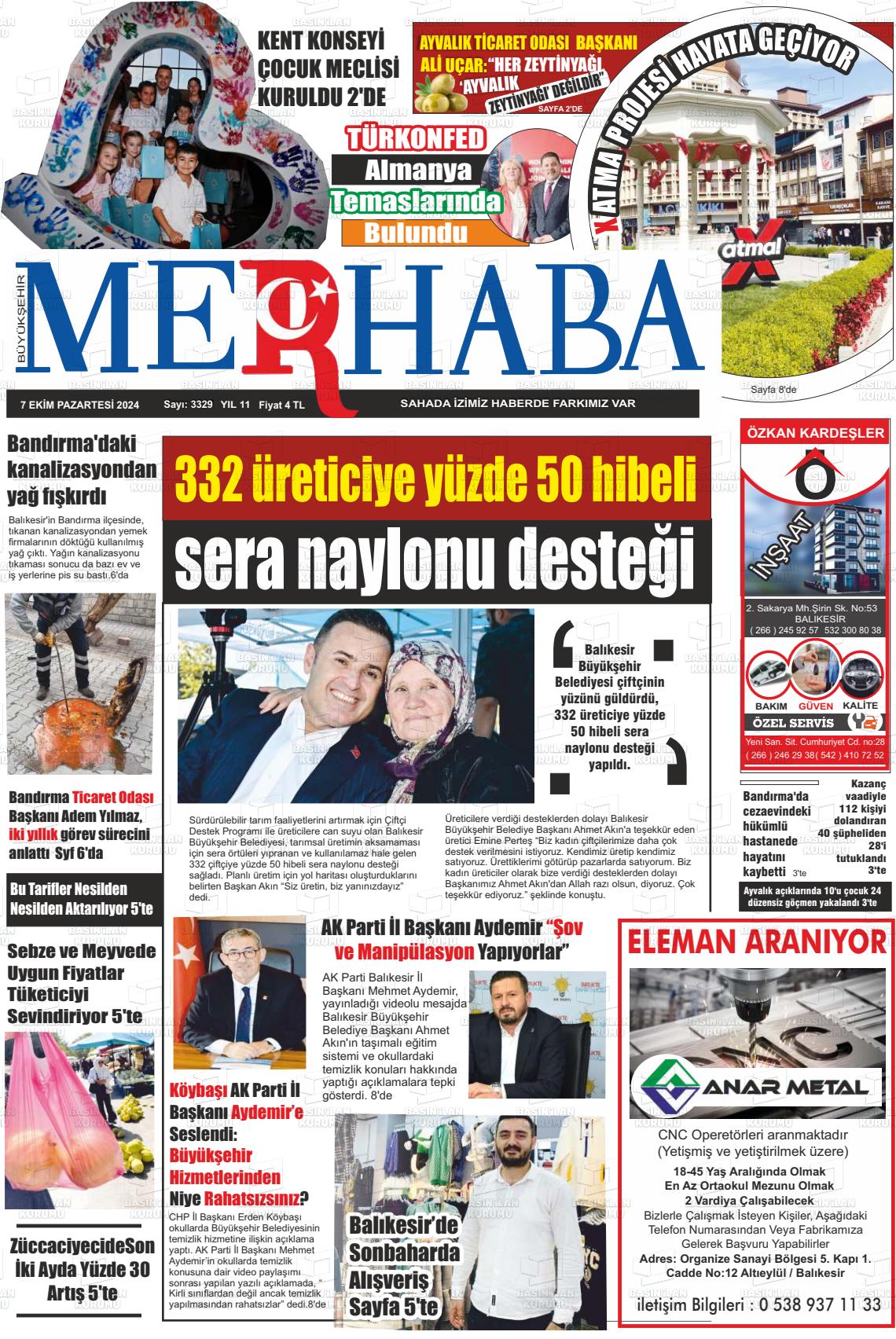 07 Ekim 2024 Büyükşehir Merhaba GAzetesi Gazete Manşeti