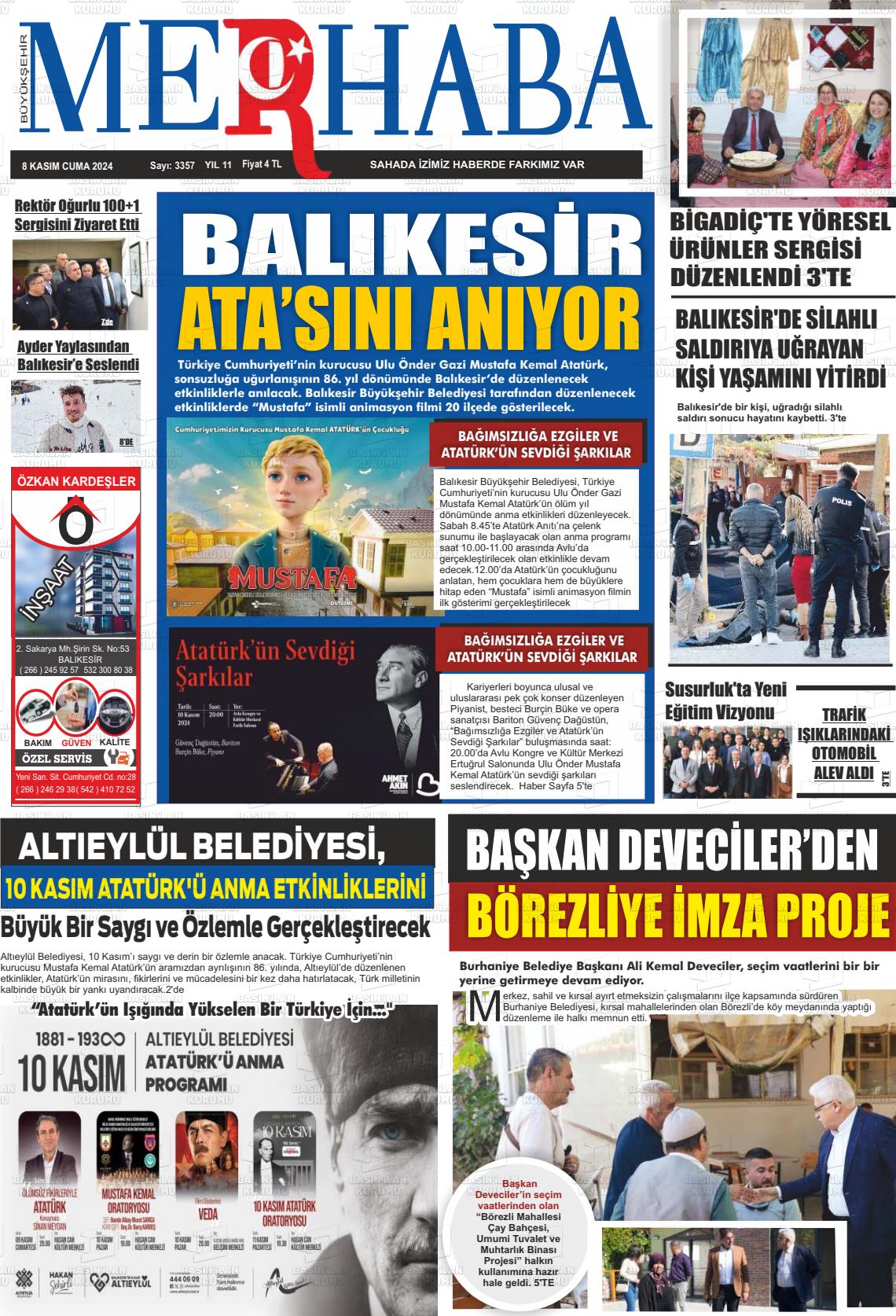 08 Kasım 2024 Büyükşehir Merhaba GAzetesi Gazete Manşeti