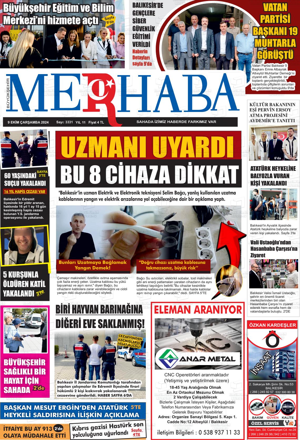 09 Ekim 2024 Büyükşehir Merhaba GAzetesi Gazete Manşeti