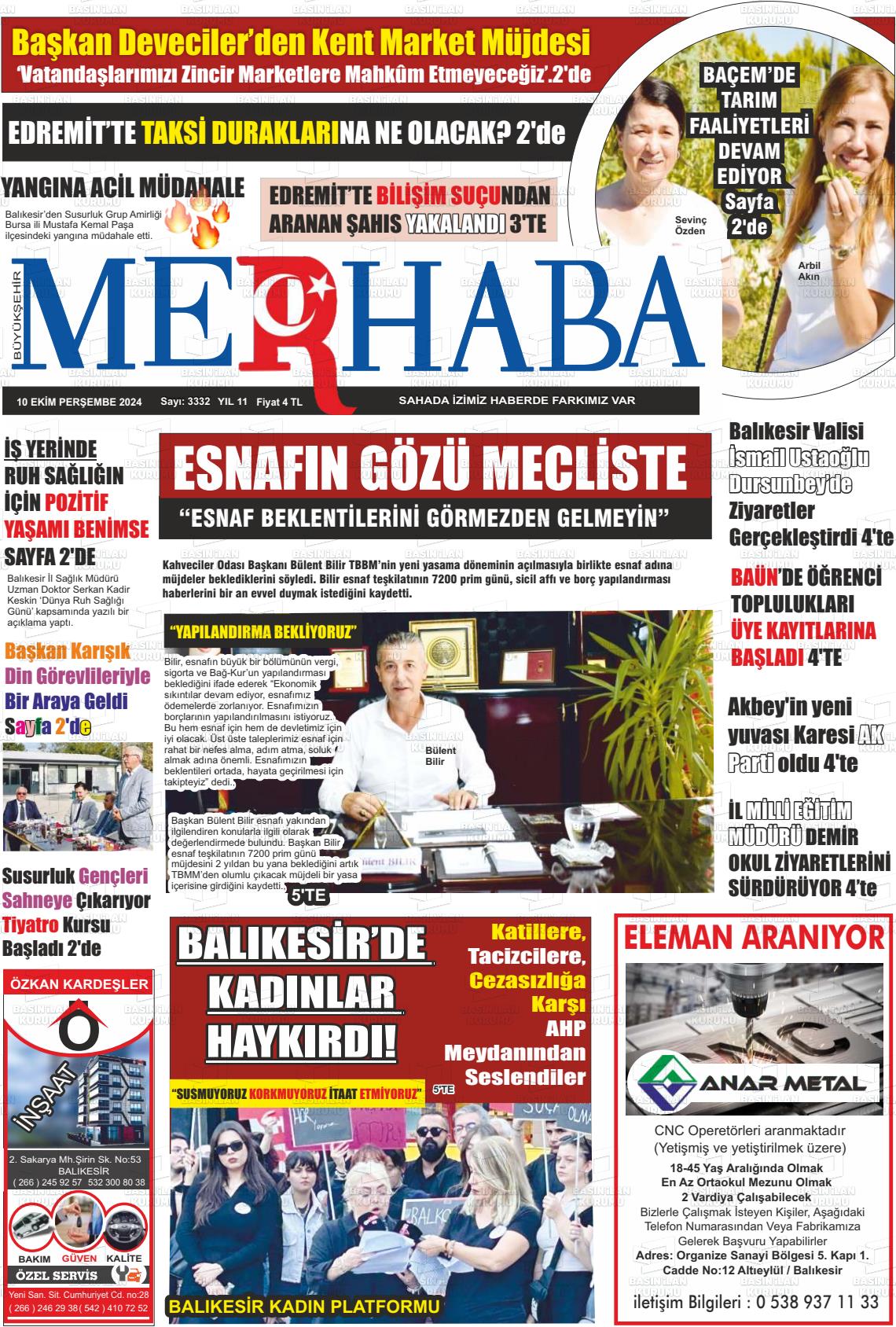 10 Ekim 2024 Büyükşehir Merhaba GAzetesi Gazete Manşeti