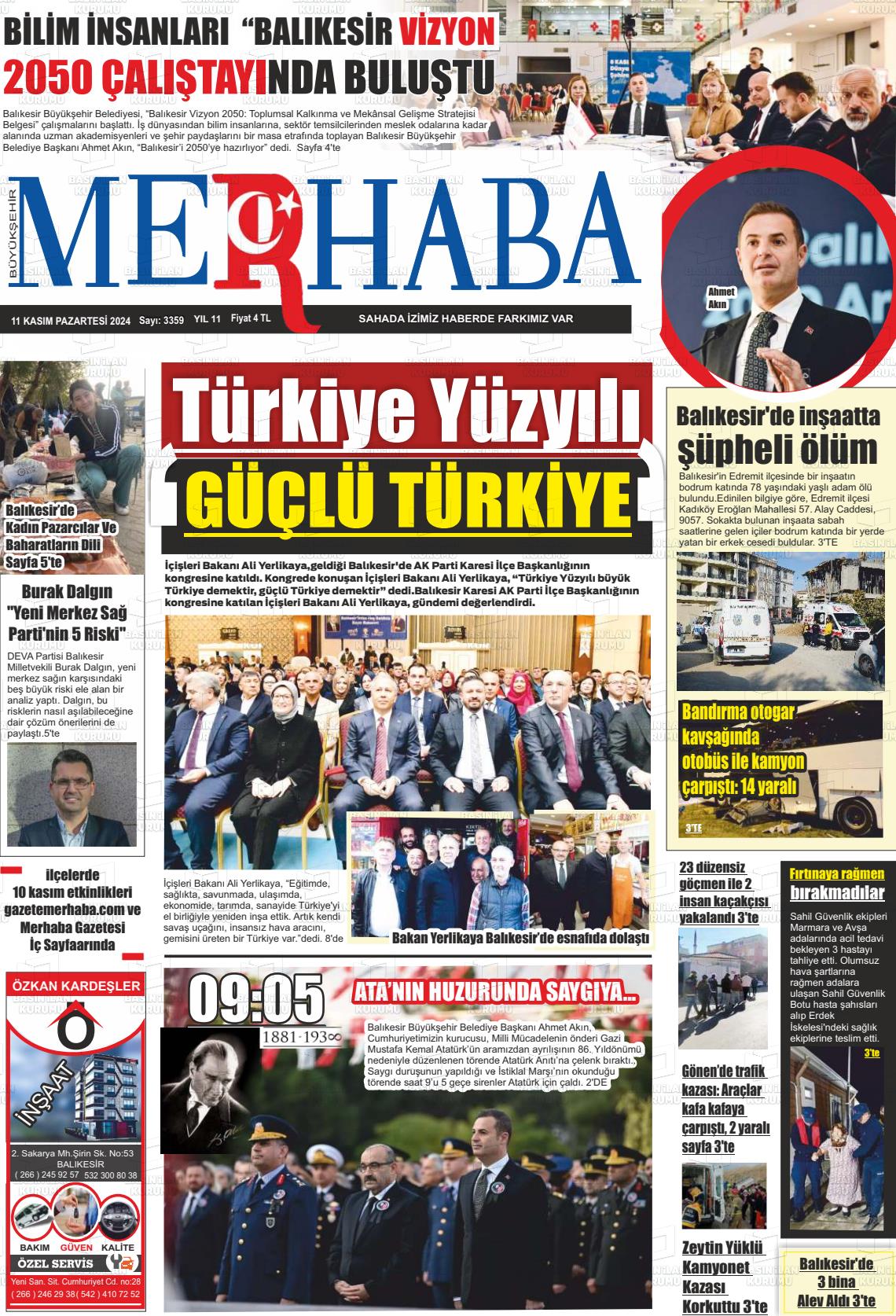 11 Kasım 2024 Büyükşehir Merhaba GAzetesi Gazete Manşeti