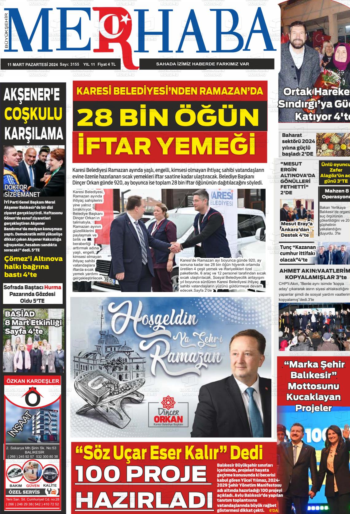 11 Mart 2024 Büyükşehir Merhaba GAzetesi Gazete Manşeti