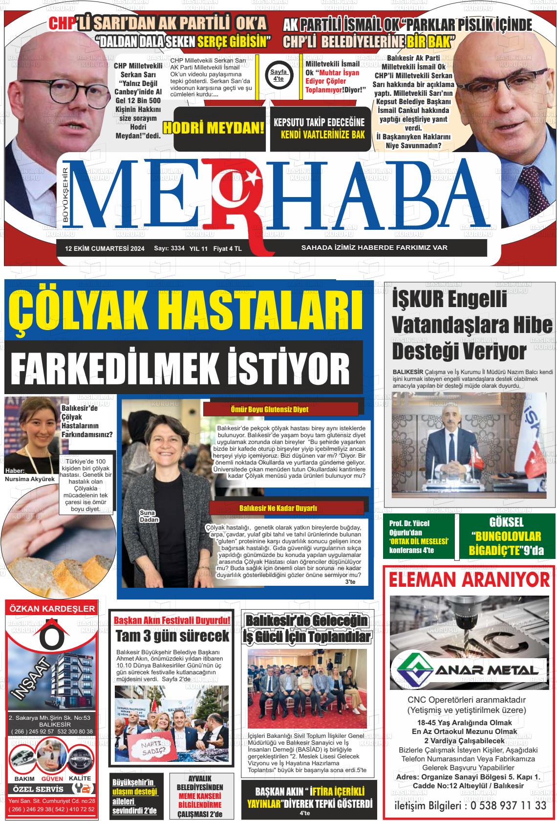 12 Ekim 2024 Büyükşehir Merhaba GAzetesi Gazete Manşeti