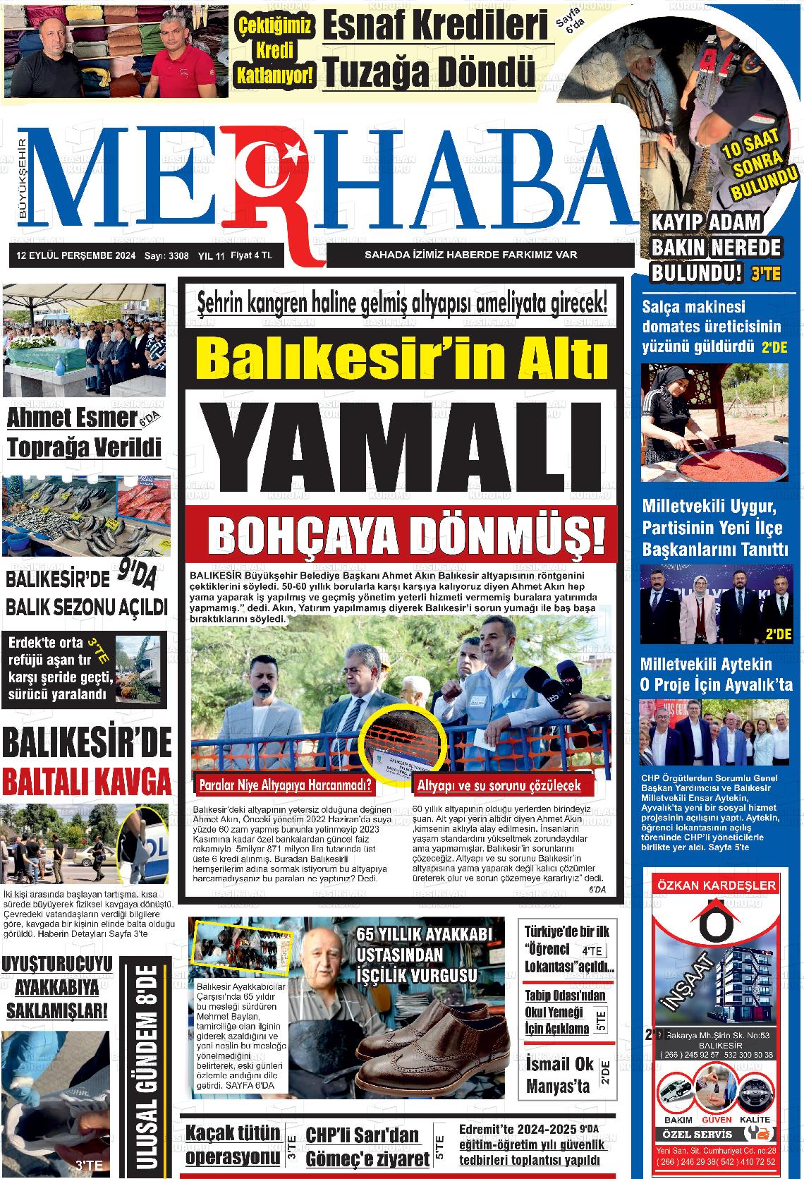 12 Eylül 2024 Büyükşehir Merhaba GAzetesi Gazete Manşeti