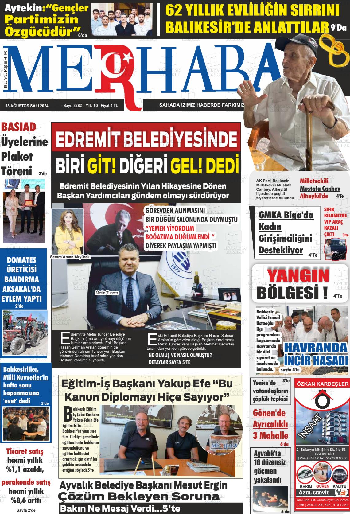 13 Ağustos 2024 Büyükşehir Merhaba GAzetesi Gazete Manşeti