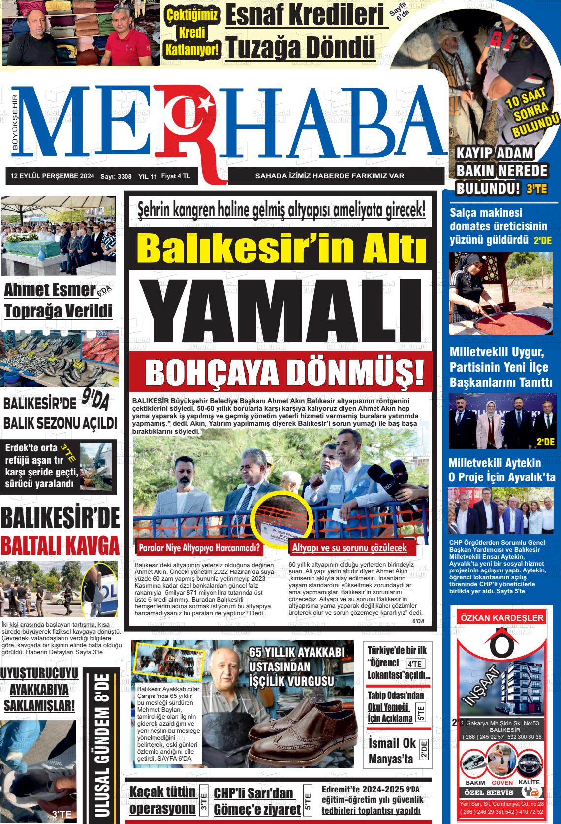 13 Eylül 2024 Büyükşehir Merhaba GAzetesi Gazete Manşeti