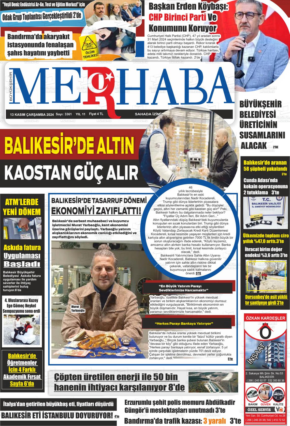 13 Kasım 2024 Büyükşehir Merhaba GAzetesi Gazete Manşeti