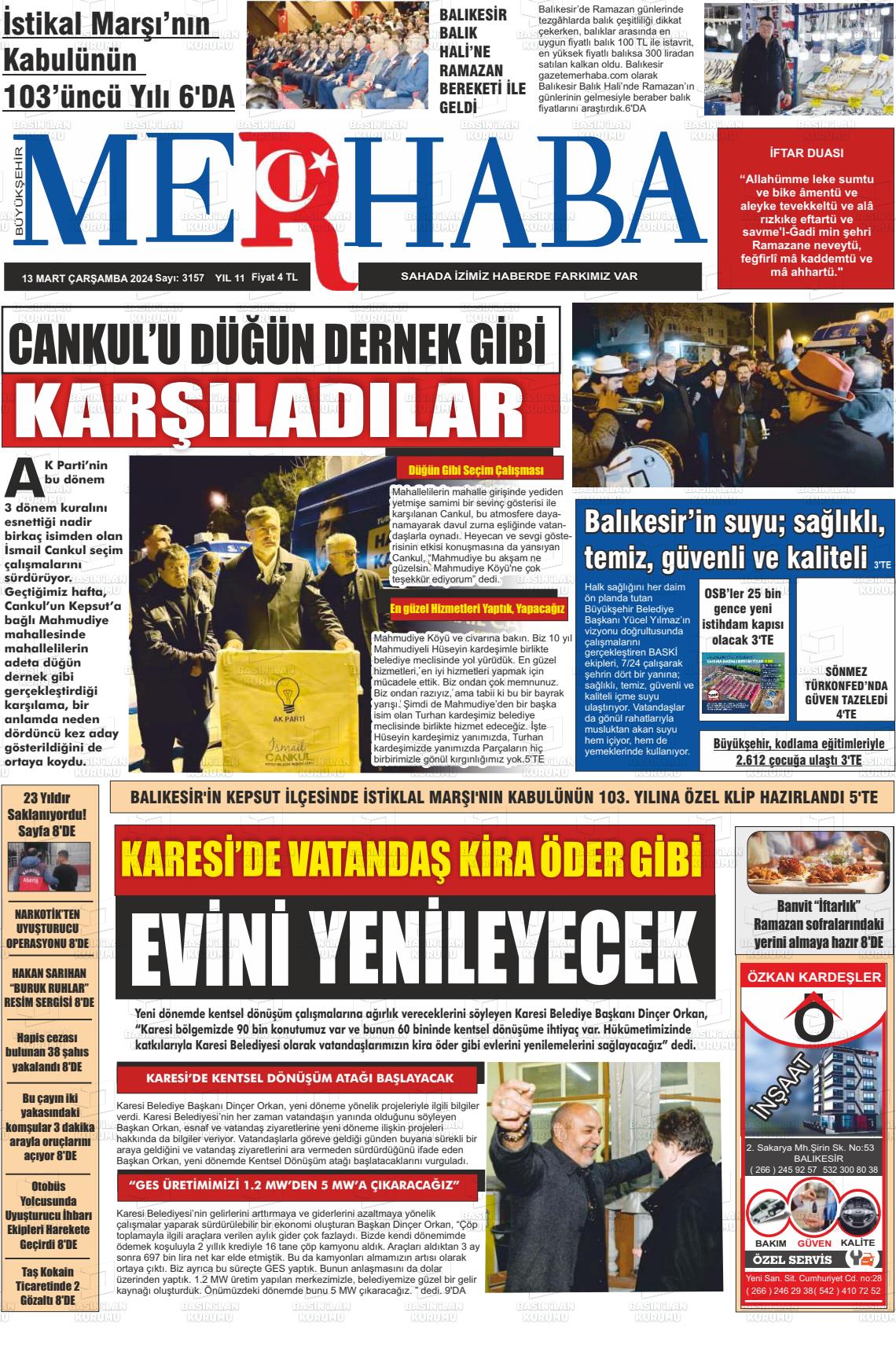 13 Mart 2024 Büyükşehir Merhaba GAzetesi Gazete Manşeti