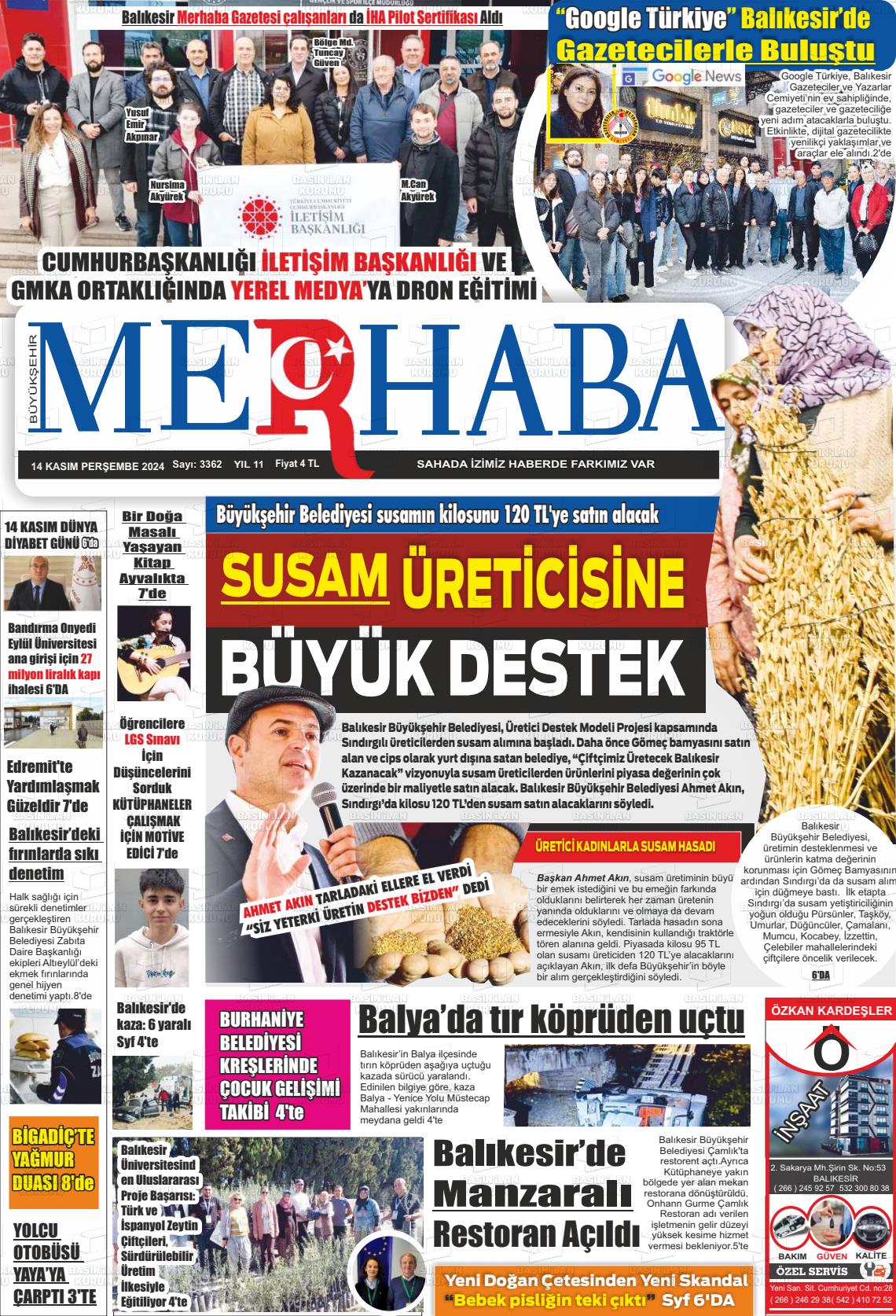 14 Kasım 2024 Büyükşehir Merhaba GAzetesi Gazete Manşeti