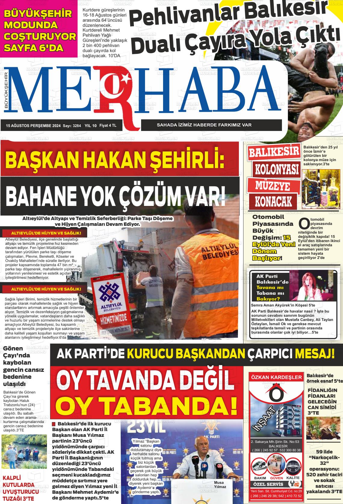 15 Ağustos 2024 Büyükşehir Merhaba GAzetesi Gazete Manşeti